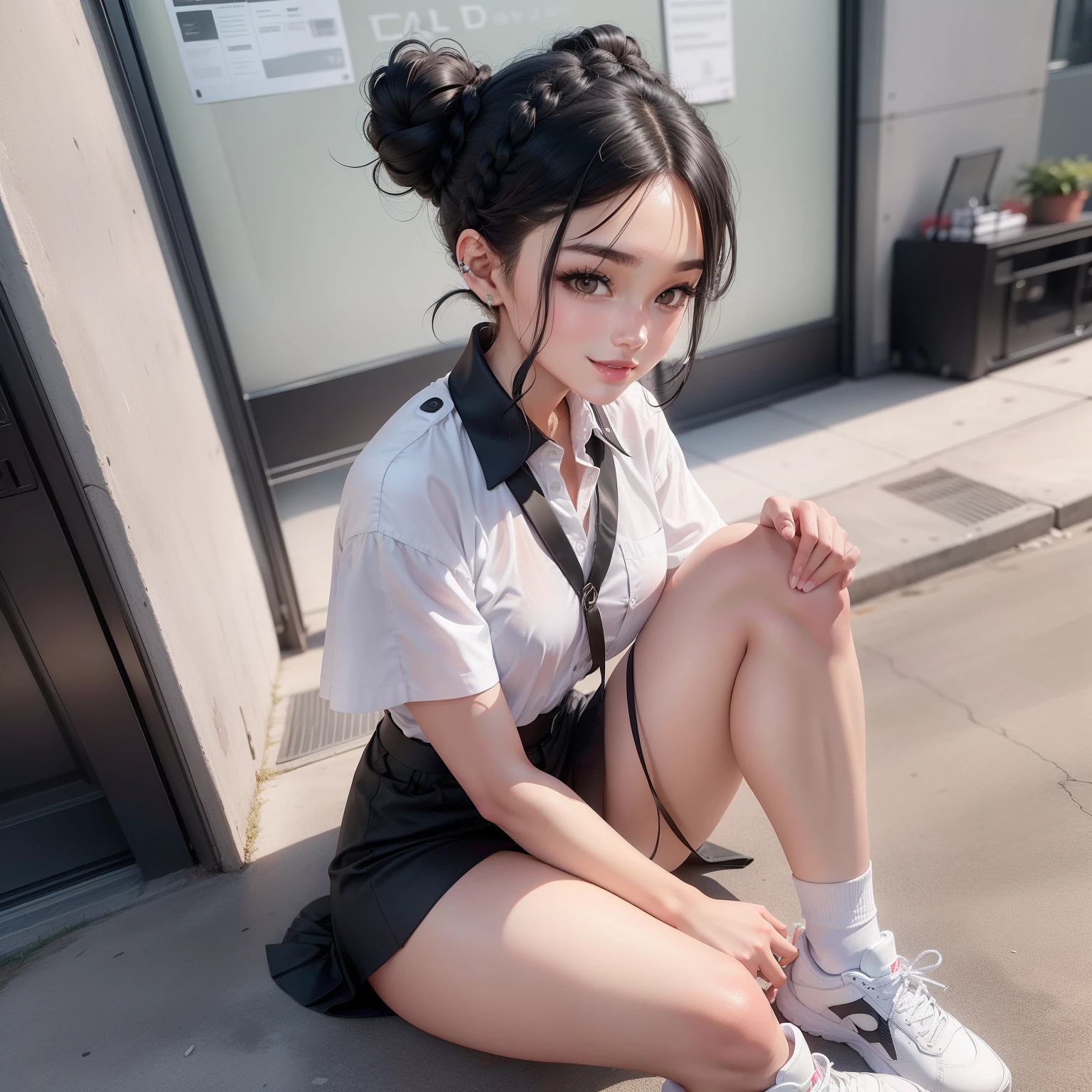danielle marsh, tall girl, k-pop idol, on stage, smiling, black hair, braided and buns hair style, black collar, white shirt, white shoes, using socks