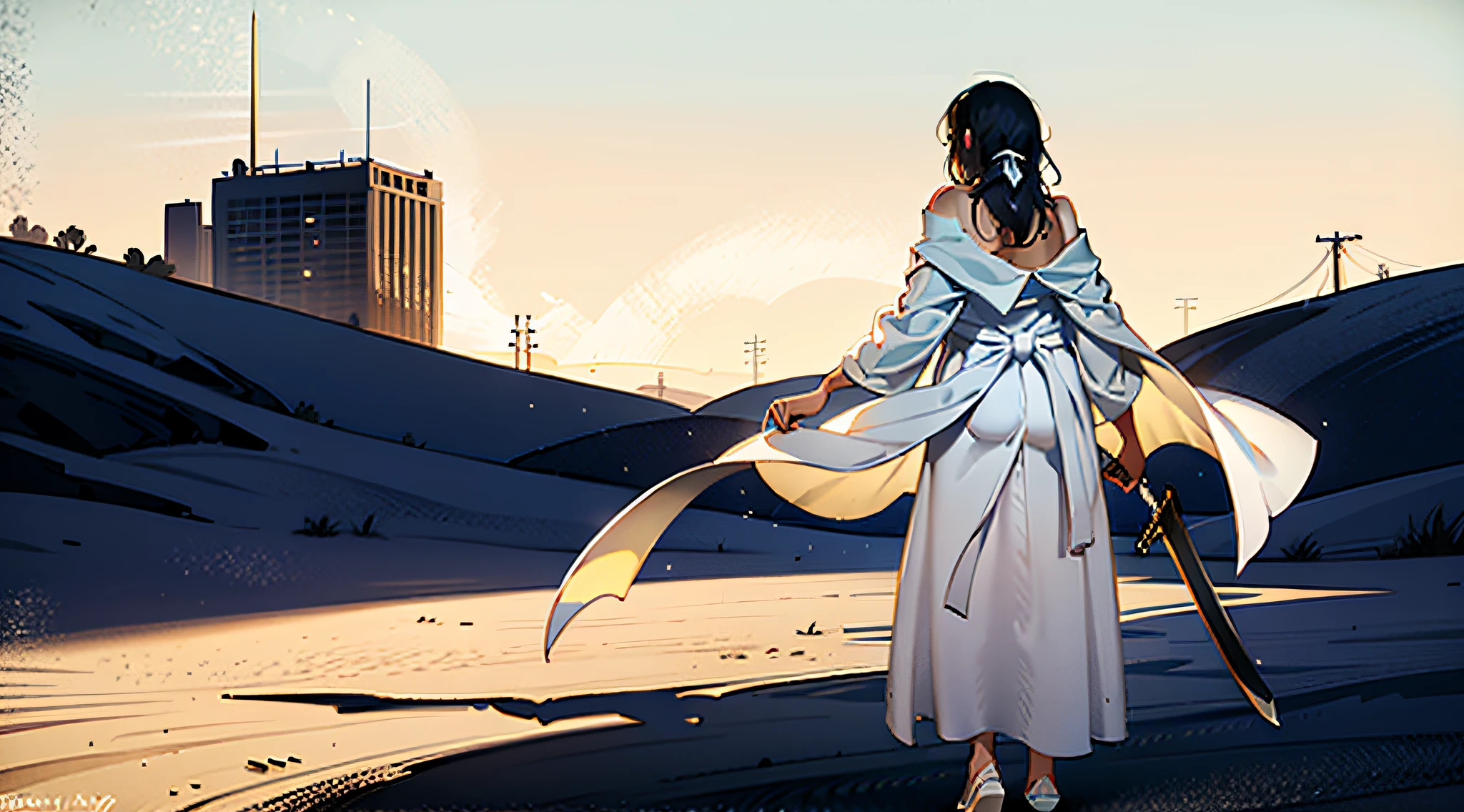 A desert,machete,White robe,camelstoe,suns,Back Shadow,Sand and dust