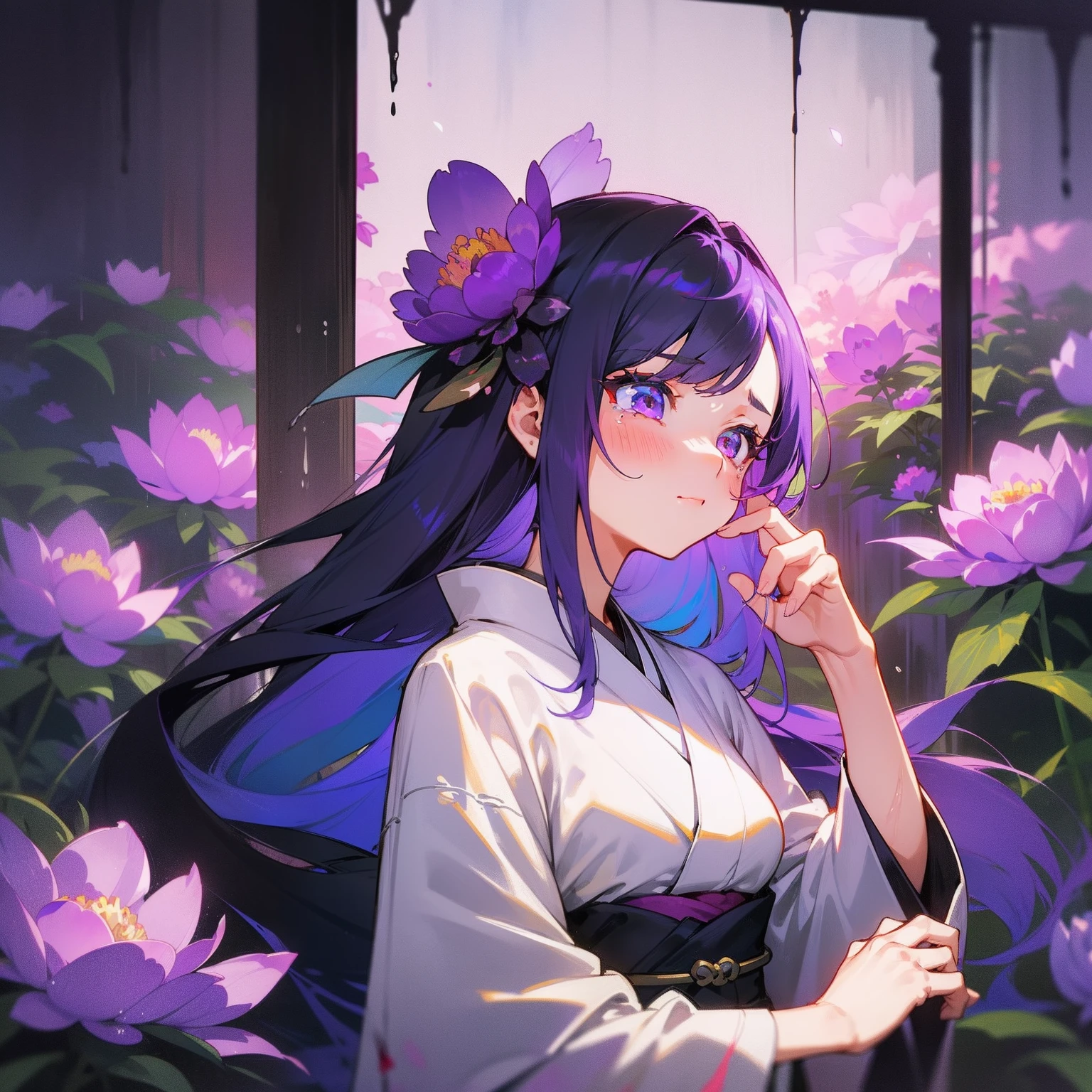 (Beautifully Aesthetic:1.2)、(1girl in:1.3)、(Colorful hair in white and purple:1.2)、irate、wrath、solitude、natta、Black and purple kimono、peony flower、Peony flowers bloom profusely、shed tears、Top image quality、Landscape painting、A black、murky、The Darkness