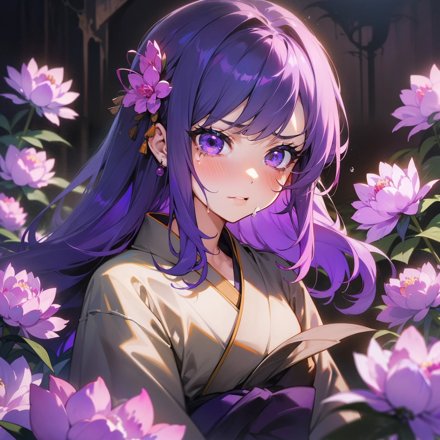 (Beautifully Aesthetic:1.2)、(1girl in:1.3)、(Colorful hair in white and purple:1.2)、irate、wrath、solitude、natta、Black and purple kimono、peony flower、Peony flowers bloom profusely、shed tears、Top image quality、Landscape painting、A black、murky、The Darkness