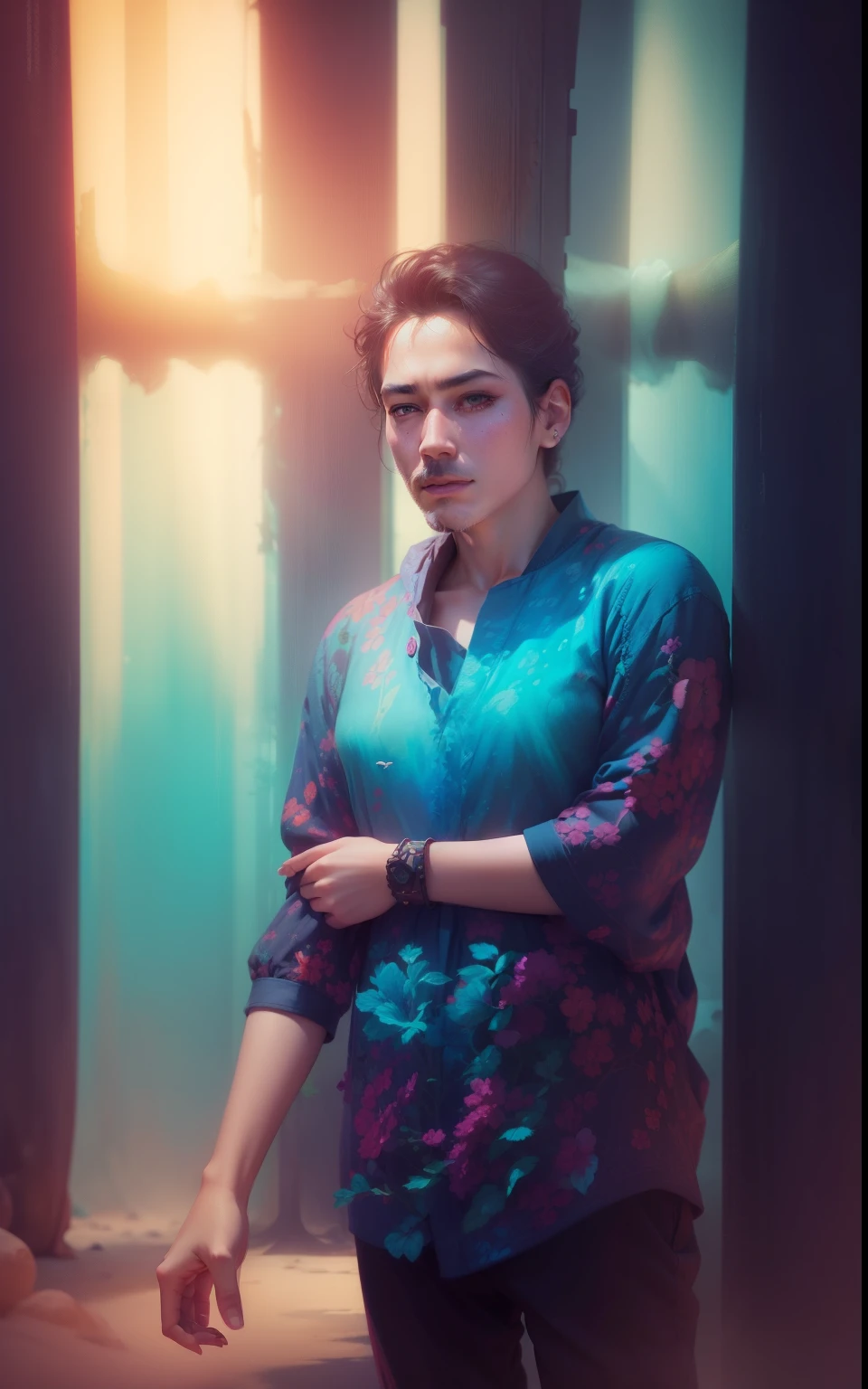 Transform a serene, everyday portrait into a vibrant and surreal masterpiece. Enhance the colors, add dreamy lighting effects, and create an otherworldly atmosphere while keeping the face of the subject untouched.
