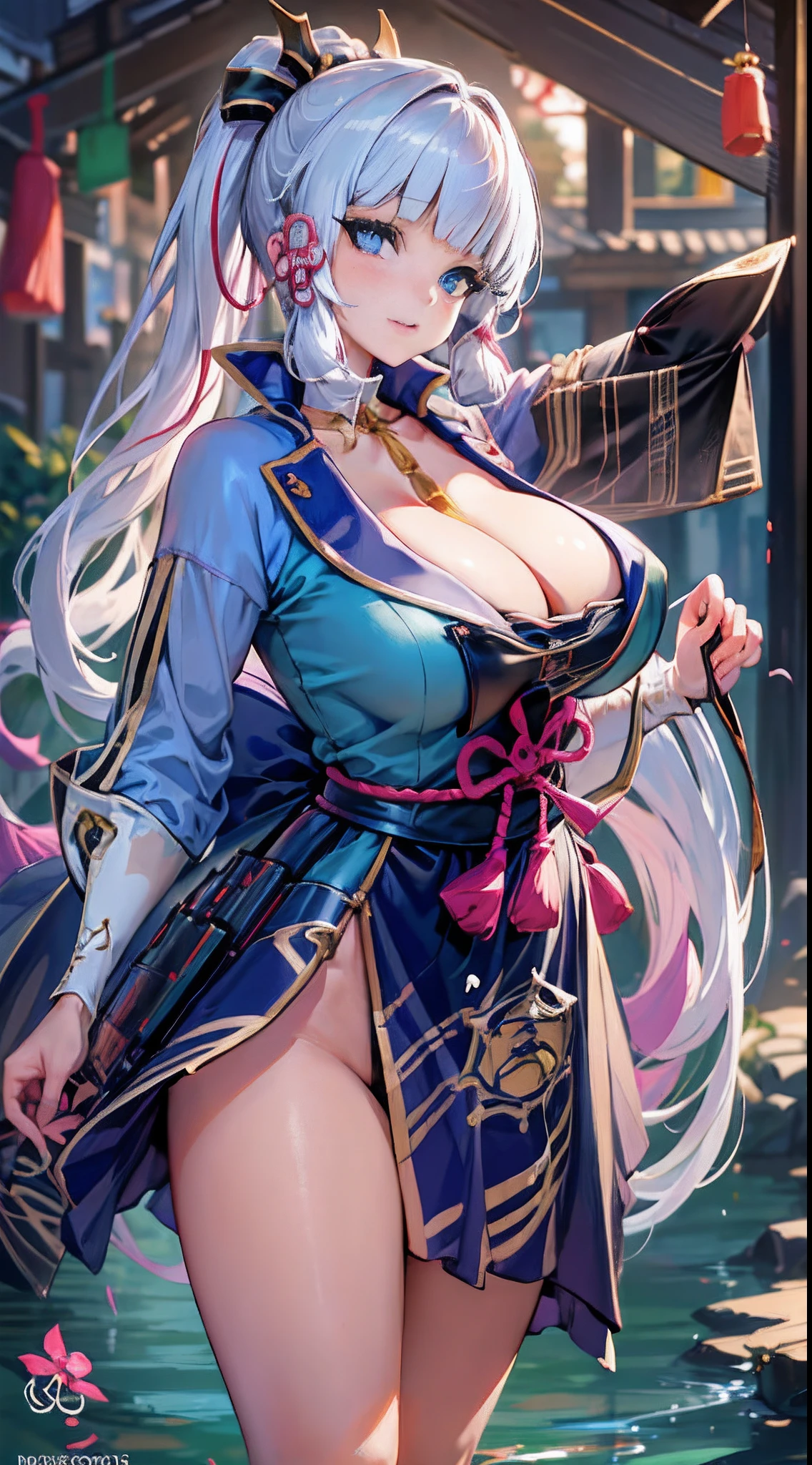 (NSTDA.:1.2), (10, beste-Qualit, master-piece: 1.4), ultra-high resolution, (lifelike, photorealistic portrait: 1.48), 25 years old, A Beautiful Girl, Tall, gigantic breasts, Famous Japanese actors, Blue Eyes, Head tilt, cowboy shot, viewer look., Disgusted eyes, Sliced thinly., Beautiful lake, Zeiss 150mm F/ 2.8 Hasselblad, In Japanese shrines, Whole body, foot, Ultra-Wide Angle