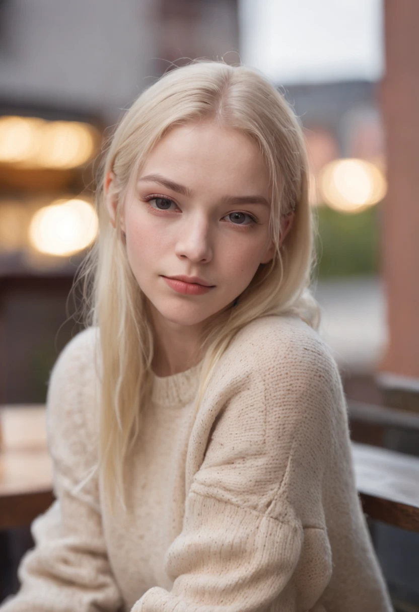 Close-up shot, 55mm canon lens, volumetric lighting, Fujifilm XT3 lens, upper body portrait, 2m away,picture taken infront, sitting at a cafe a young teenager from Northern Europe, 18 years old, big breasts , naked, under a sweater, happy, cute face, albino skin, blonde eyebrow, very light blonde hair, ponytail haircut, wearing contemporary clothes, Norwegian city in the background, at a restaurant outside, cold night, High resolution image, detailed texture, realistic depth of field