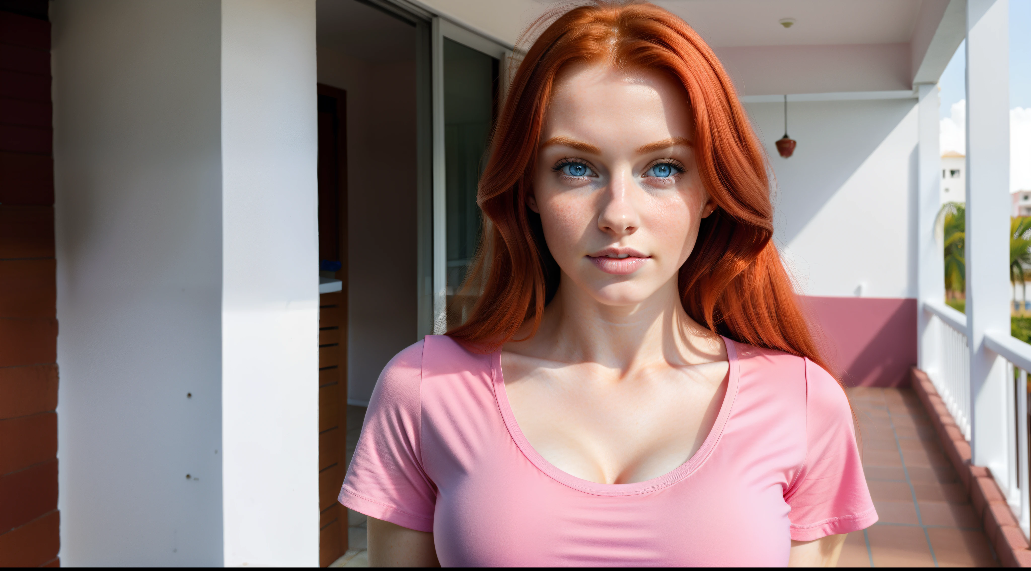 the most beautiful woman ever, this white redhead woman with freckled skin named Lagertha, ((( extremely pale bright, pinkish skin ))), ((( very light blue blue eyes ))), ((( perfectly round iris ))), ((( light orange hair arranged in a top bun with bangs ))), lovely, beautiful angry face with dimples, freckles, perfect realistic female naked body, perfect naked small breasts, perfect pointy nipples, realistic naked vagina, realistic pubis, ((( perfect thin lips ))), white background, ((( very intense bright lighting directly in her entire body, making her skin look paler ))), ((( extremely blushed cheeks ))), ((( rose, pinkish skin ))), ((( shining angel face ))), ((( tiny symmetric nostrils ))), ((( small nose ))), ((( very clean pale face ))), ((( highly lit face ))), ((( perfect small female mouth ))), ((( red lipstick ))), ((( very blushed cheeks )))