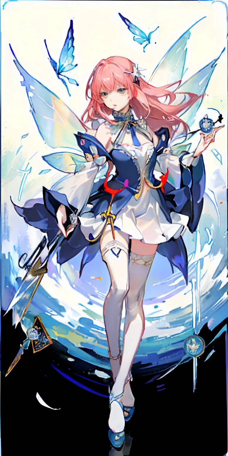 (Golden Ratio: 1.2), (Rose Graffiti: 1.2), (Glitch Color: 1.3), [(White Background: 1.4)::10], (Whole Body: 1.2), (Super Fine: 1.3), (Tarot :1.6),(Magician (Tarot):1.6),(Paper:1.2),(Fairy:1.6),(Fairy Wings:1.2),Full Body, Hanging,(Cool:1.2),(Red Long Hair ),(butterfly hair accessory),(flower hair accessory: 1.0),((sandals,Locket)),(colored cocktail dress: 1.0)+(loose-sleeve jacket: 1.3)+(fluttering colorful tassels and ribbons :1.2 ),(white stockings: 1.2),(colored ink paper flowers: 1.2),(colorful flower sea: 1.3),(chaotic geometry: 1.3),(negative space: 0.8),(drawing board: 1.3 ), (Ether Color ink flow: 1.3)