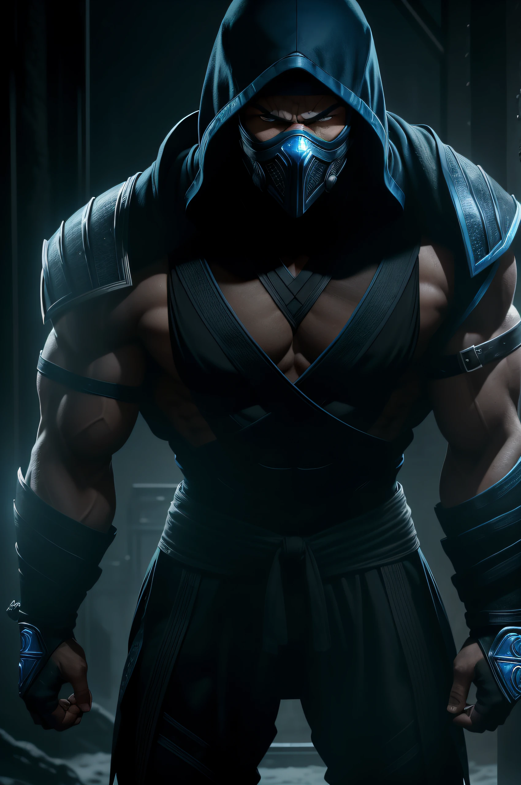 Cyber Sub-Zero Игровой персонаж игры Mortal Kombat, Cyber Sub-Zero, Mortal Kombat, Mortal Kombat, muscled body, (athletic:1.1), Deft, ninja, in full height, hight resolution, higly detailed, Hi-Def, 8K, RAW photo, Best Quality, Masterpiece