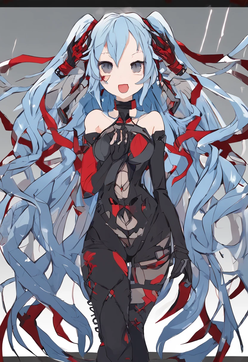 The upper body is Hatsune Miku,The lower body is a large spider,blue hair,Eight red eyes,,{{Best quality}}, {{Masterpiece}}, {{Ultra-detailed}}, {illustration}, {Detailed light}, {An extremely delicate and beautiful}Messy floating hair, Colored inner hair, Starry sky adorns hair, depth of fields,,Largest breasts,The head has three horns,There are five-color lines on the body,Black sclera,Highly detailed, High quality, Masterpiece, Long hair, Execution, teeth, Horror (Theme), Smile, Sharp teeth, Glowing, Dark, Blood, The longest tongue, grin, Glowing eyes, Evil smile,The lower body has only eight spider legs,There are spines in the spine,Stick out your tongue,There are red glowing square gemstones and square sapphires on the chest,The sharpest claws,Eight hands,holding a scythe,Venom is spread throughout the body,red colored skin{meticuloso},There is an eye in the palm of the hand,The spine has raised spines,The arm turned into a snake,There are bone spurs on the tail,Lamia, scutes,Human sharks, maid, Fins, Underwater, full bodyesbian, navel, Original Character, voluminetric lighting, Best shadows, Shallow depth of field, stunningly beautiful girl, Petite, Delicate Beautiful Attractive Face,harpy, feater,