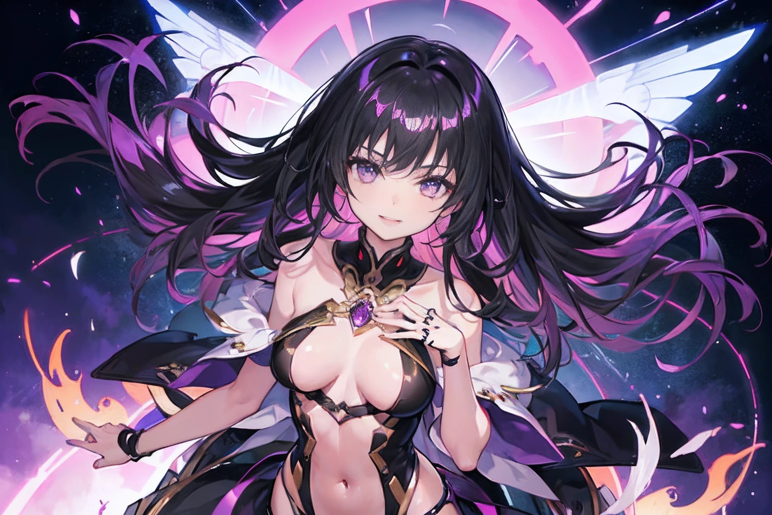 Background with:natta、Background in the city、Anime Art Style、
expressioness:huge smile、
hairstyle on:(Black and purple layered hair)、Floating hair、Long、
The eye:(Colorful eyes)、
outfit:(bodycon dress)、Classy ornaments、 lace decoration、Navel Ejection、Clothes that lower the chest、
system:Petite、 A slender、(shiny skins:1.1、perspired:1.5)、
Look at the camera:High Angle Full Body
posture:to stand、Clean posture、
BREAK、 infp young woman、