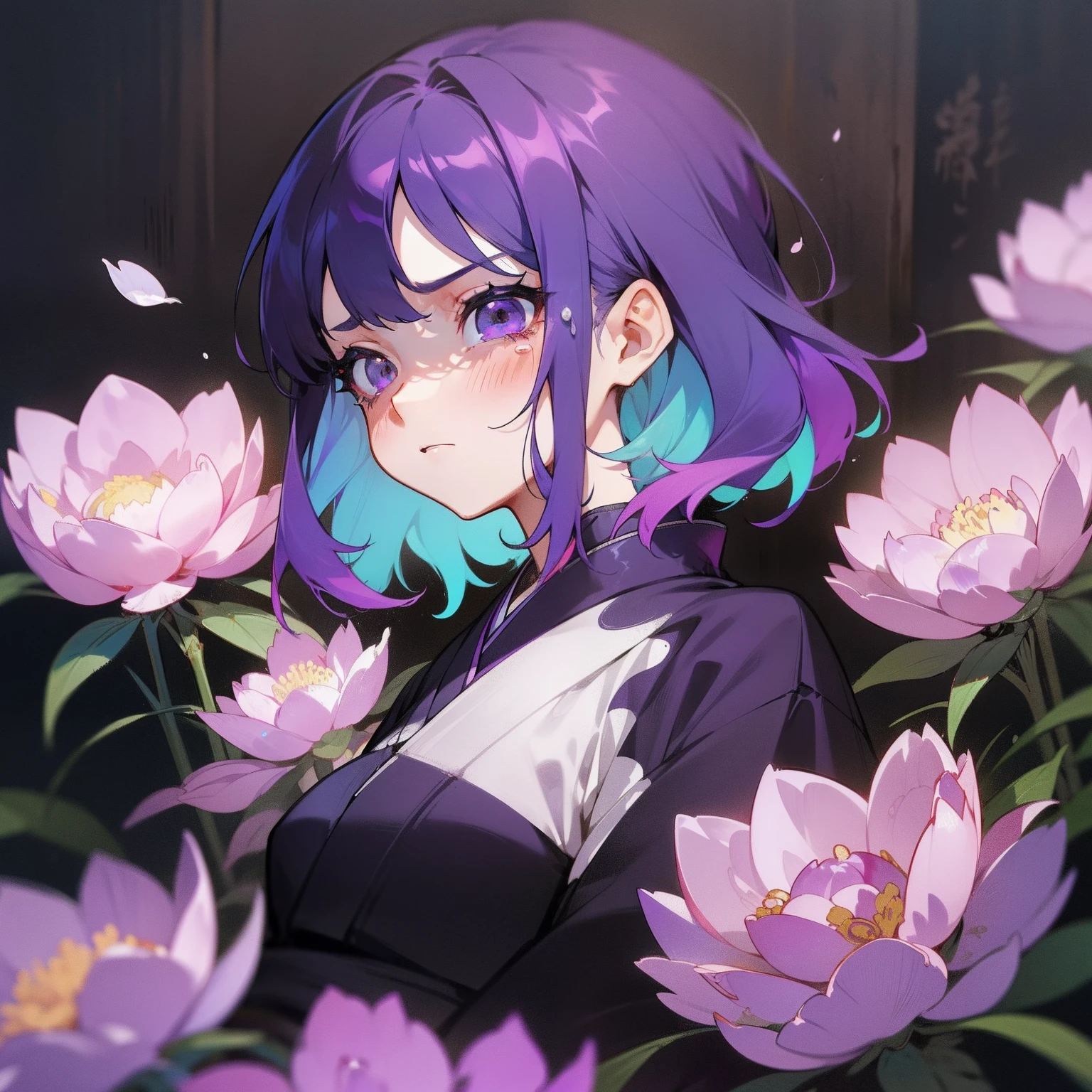 (Beautifully Aesthetic:1.2)、(1girl in:1.3)、(Colorful hair in white and purple:1.2)、irate、wrath、solitude、natta、Black and purple kimono、peony flower、Peony flowers bloom profusely、shed tears、Top image quality、Landscape painting、A black、murky、The Darkness
