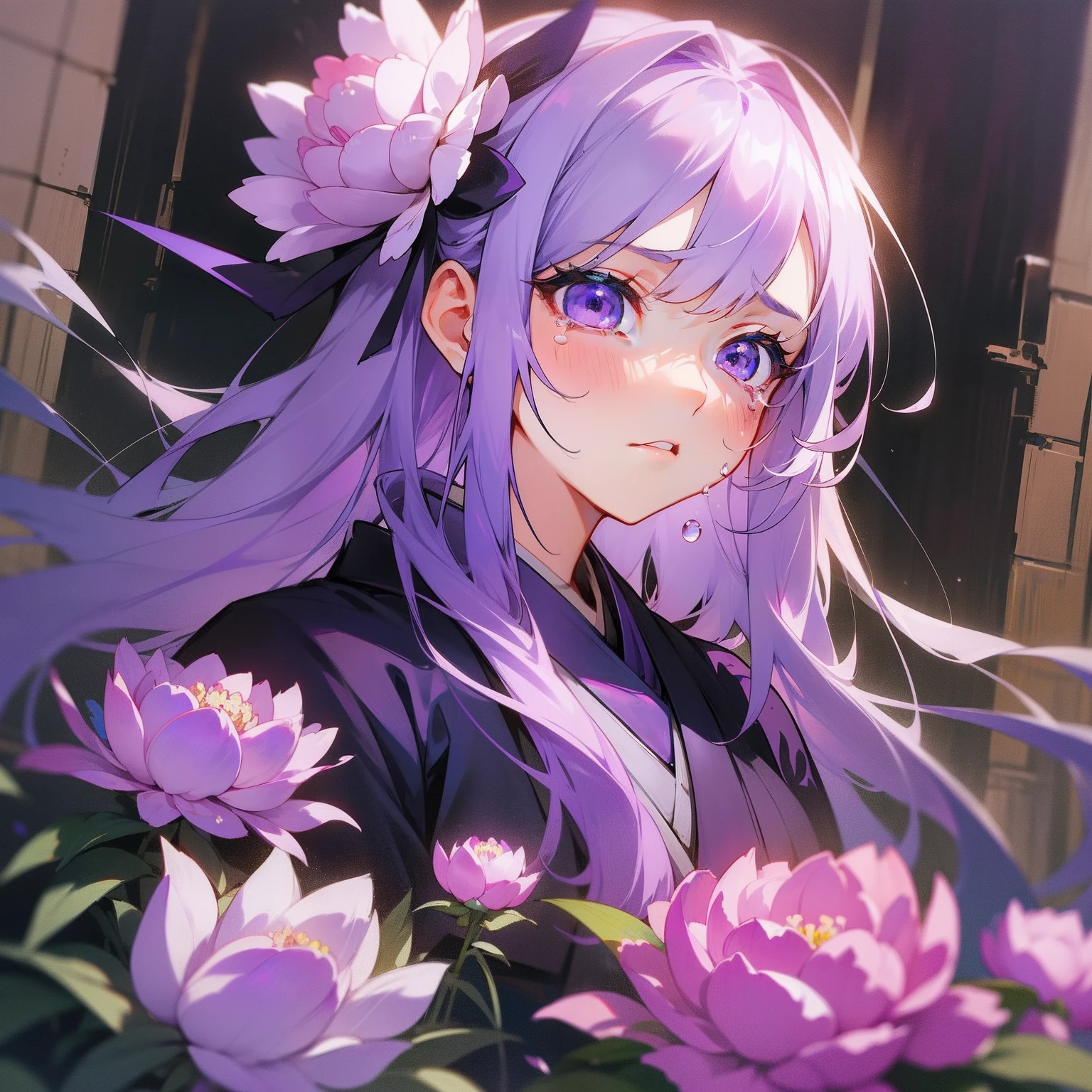 (Beautifully Aesthetic:1.2)、(1girl in:1.3)、(White and purple hair:1.2)、irate、wrath、natta、Black and purple kimono、peony flower、Peony flowers bloom profusely、shed tears、Top image quality、Landscape painting、A black、The Darkness、