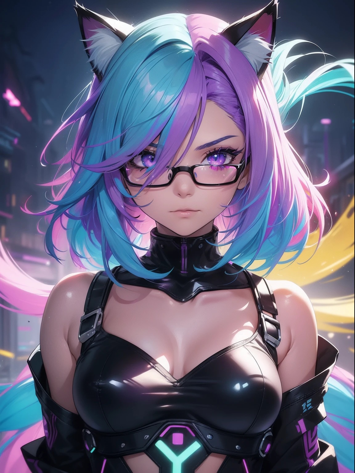 Close up portrait of woman with shiny top and glasses, glossy digital painting, inspired by Yanjun Cheng, shiny colorful, 8 0 Airbrush Aesthetics, Rainbow illustration, Colorful Digital Painting, glowwave girl portrait, Colorful glow, style digital painting, Vibrant digital painting, Digital Art Style, neon digital art, futuristic art style, stunning digital illustration