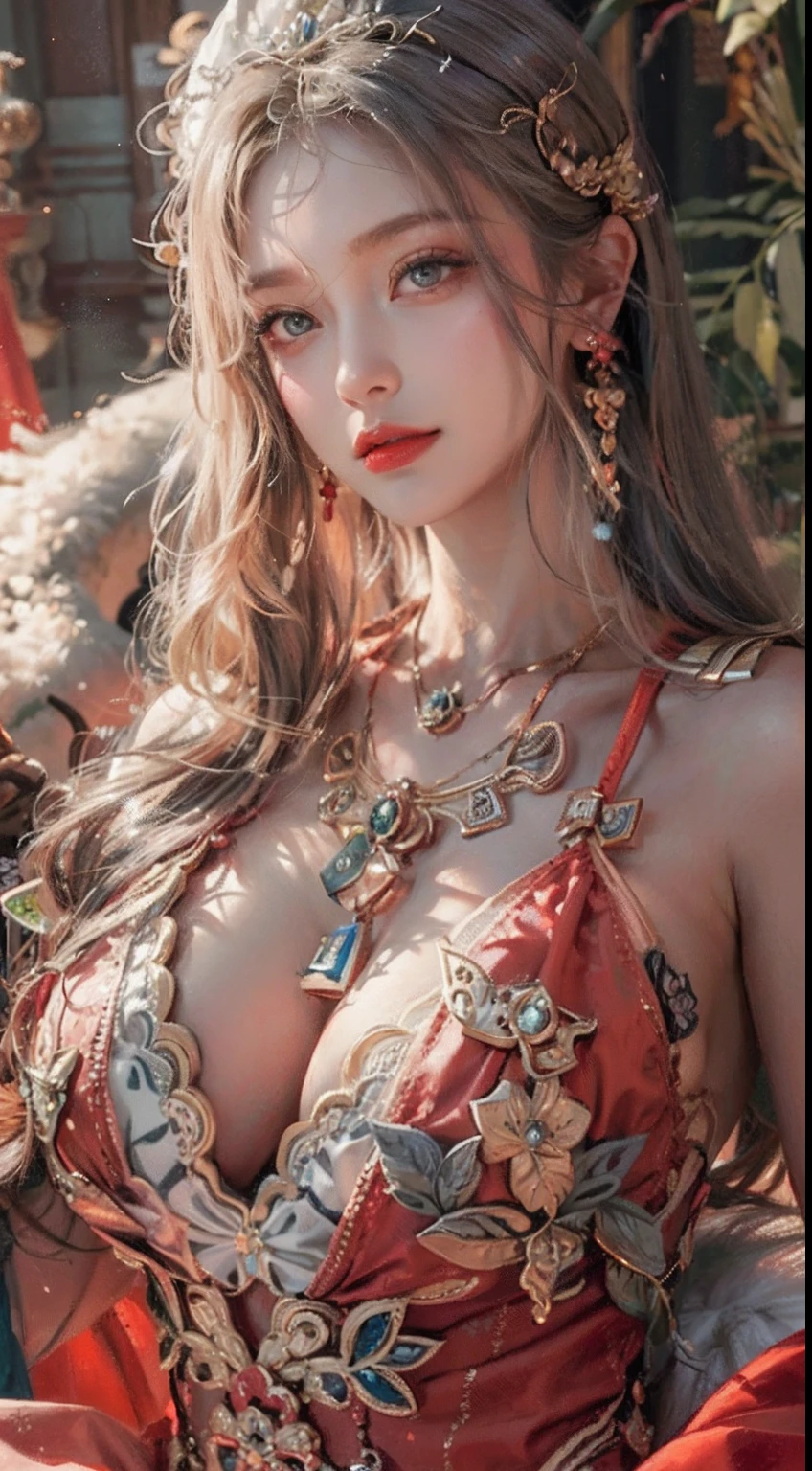 Ultra realistic 8K CG, Picture-perfect face, flawless, clean, masutepiece, Professional artwork, famousartwork, Cinematic lighting, Cinematic bloom, Perfect face,(年轻:1.2)(Voluptuous),((20yr old)), Beautiful face, Beautiful eyes,(:1.1), (((Perfect female body, Narrow waist))), young princess, royal, divine, Goddess, godlike, (the royal palace), Fantasy, Dreams, Unreal, Science fiction, (Normal breasts:1.2), Beautiful clothes, Lace, Lace trim, Lace-trimmed legwear, NSFW,, absurdly long hair, Very long hair, (Rich:1.4), Necklace, earrings, Bracelet, armlet, Looking at Viewer,(thong:1), (There are up to 5 fingers on the hand), (Red Lip), shenhe \(GenshinImpact\)
