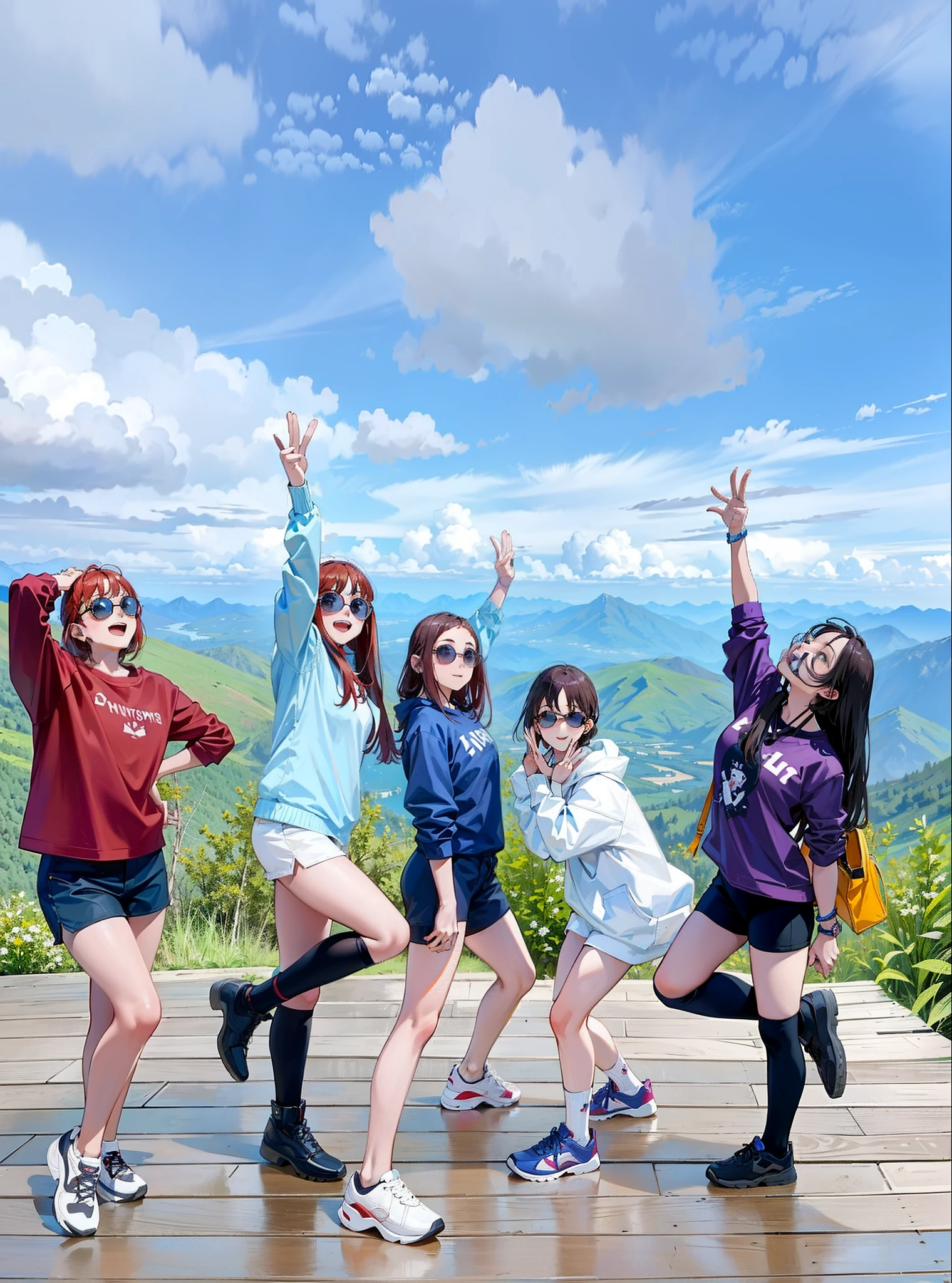 four girls are posing for a picture on a wooden platform, on a mountain, cute:2, with mountains in the background, on the mountain, wining, in mountains, vacation photo, nice weather, fun pose, cool pose, waist high, with mountains in background, heaven in the top, on top of a mountain, twice