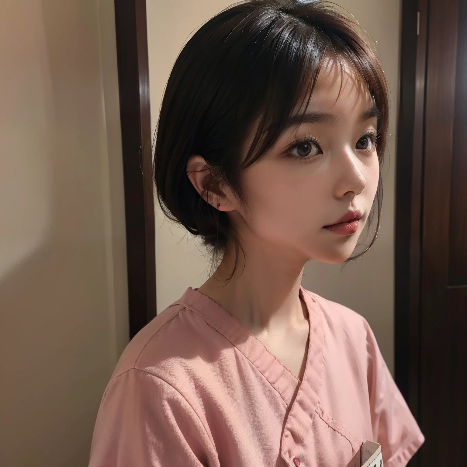 (top-quality、masutepiece、8K、masutepiece、nffsw:1.2)、Photo of a cute Japanese woman、女の子 1 人、(Medium short brown hair)、二重まぶた、nurse、nurse's outfit、In the hospital、