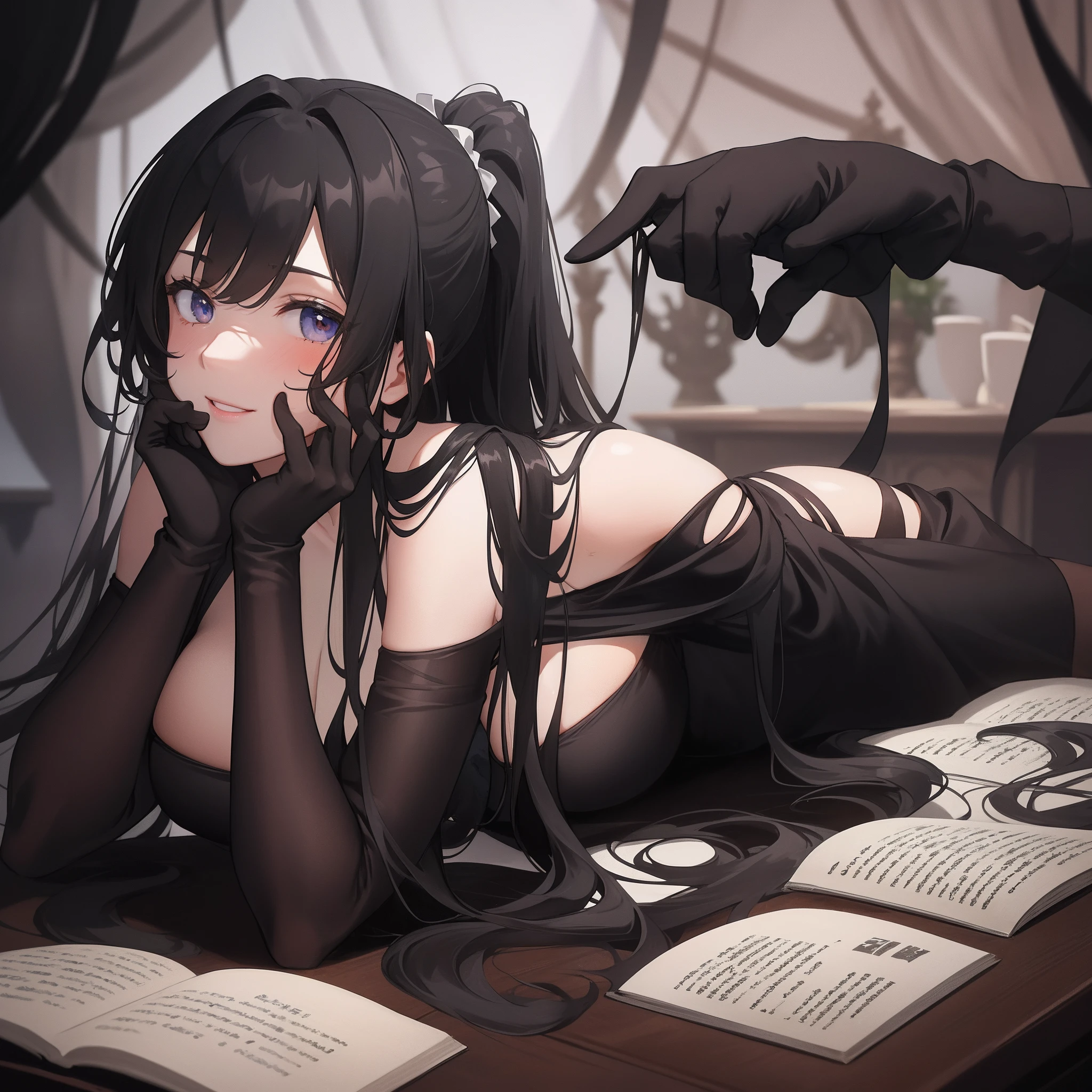masterpiece, alone, solo, droopy eyes, ponytail, curly hair, (((flat breat))), swept bangs, hand up,face palm, elbows on table, black elbow gloves, smile, (((cute))), black demon bodysuit, 1 female, 18yo, long hair, ash blonde hair, ultramarine eyes, looking at viewer, medium shot,medieval tavern, medieval cup,midnight