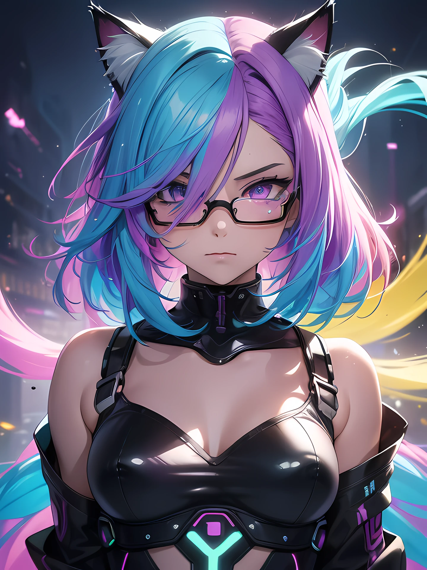 (Cat ears), realistic shadow, realistic lighting, Rainbow color effect, ((cybernetic anime girl)), (glasses), collarbone, side cut, looking at viewer, blurry background, neon, freckles, (best quality), (high resolution), (sharp focus), (ultra detailed), (extremely detailed), (extremely high quality artwork), flawless, (((masterpiece))), vibrant colors, (intricate), High contrast, strong shadows, HDR (High Dynamic Range), Post-processing, (((liquid paint hair:1.1,neon purple hair|neon aqua hair|purple hair|fuchsia hair|amethyst hair|neon hair|bright blue hair :1.5,bright hair: 1.3,hair made of paint and defies gravity,thick flowing,paint splatter:1.3,shiny hair: 1.3,vibrant colored hair))), top rated on pixiv, perfect eyes, beautiful detailed eyes ,gradient eyes, wide hip, athletic body, detailed body, detailed arms, human hands, detailed hands,), cute, fluorescent and neon clothing, (dynamic pose:1.0)
