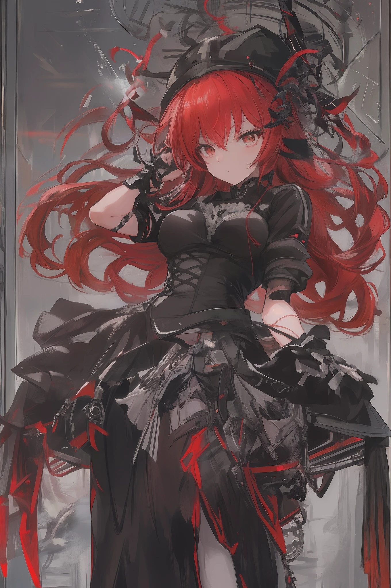 Anime girl with red hair and black dress in glass case, Rias Gremory, Gothic Maiden anime girl, Trending on ArtStation pixiv, anime girl wearing a black dress, mechanized witch girl, from arknights, biomechanical oppai, wearing techwear and armor, guweiz on pixiv artstation, broken beautiful female android!