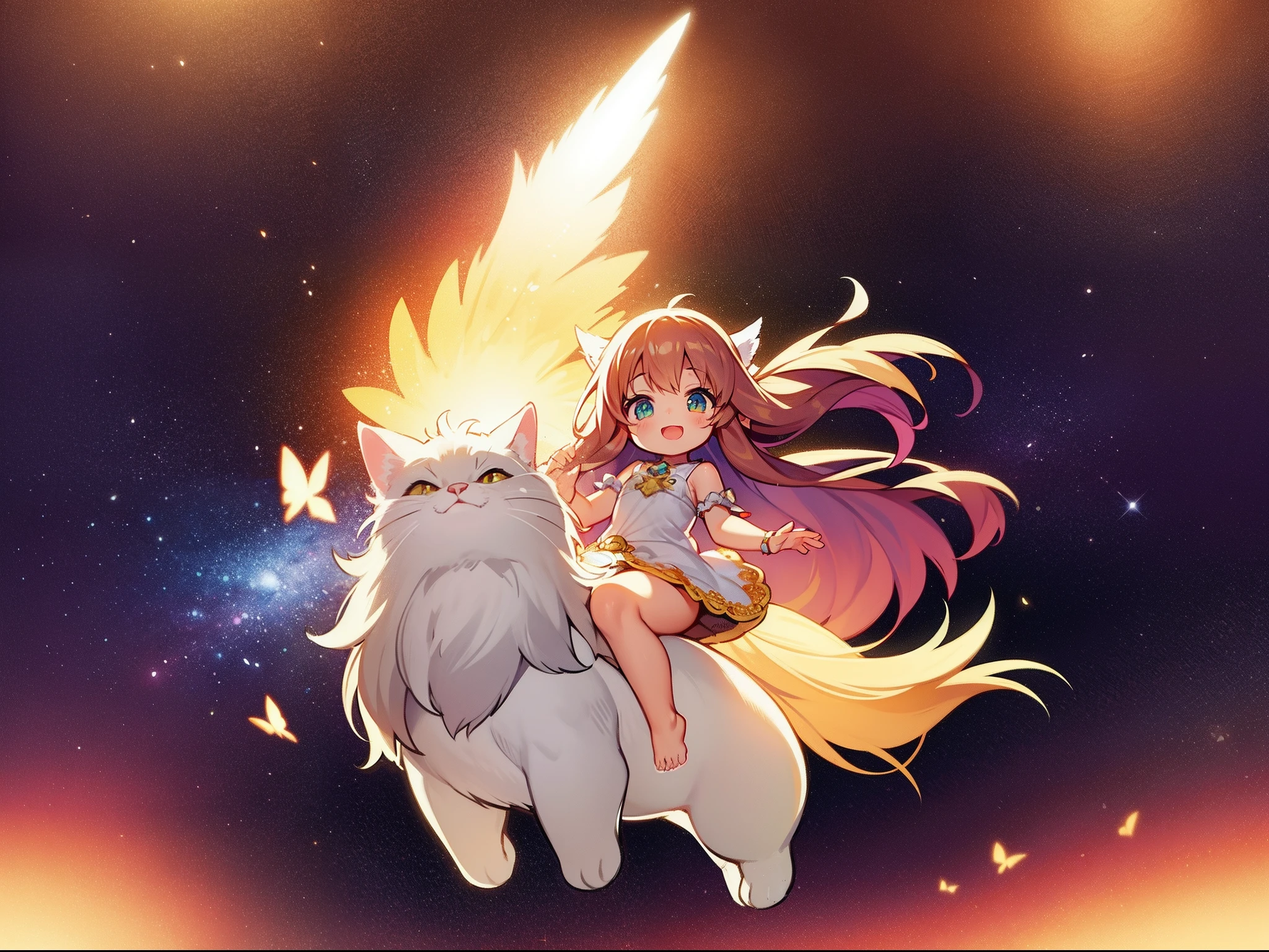 fantasy world; Indescribably sweet, Little graceful girl with long hair, fluttering in the wind, Eyes sparkle, The expression of happiness on his face, nice smile, bare footed; Riding a big fluffy Siberian cat, Realistic cat, Gallop into the screen, Feeling the speed of movement; high quality textures, higly detailed, realistness, Cartoon style, fairytale, Completely in the frame, hight resolution, Realistic Proportion