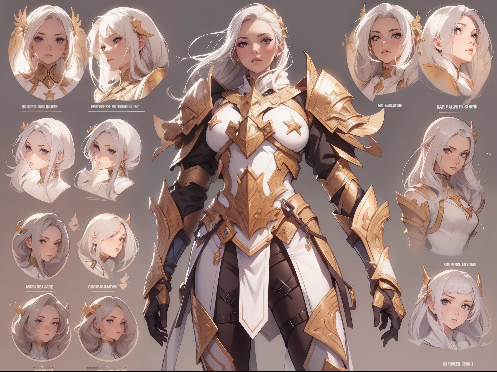 ((Masterpiece, Highest quality)), Detailed face, CharacterDesignSheet, full bodyesbian, Full of details, Multiple poses and expressions, Highly detailed, Depth, Many parts,Beautiful paladin girl,Armor,High Balance, Natural light, Star decoration
