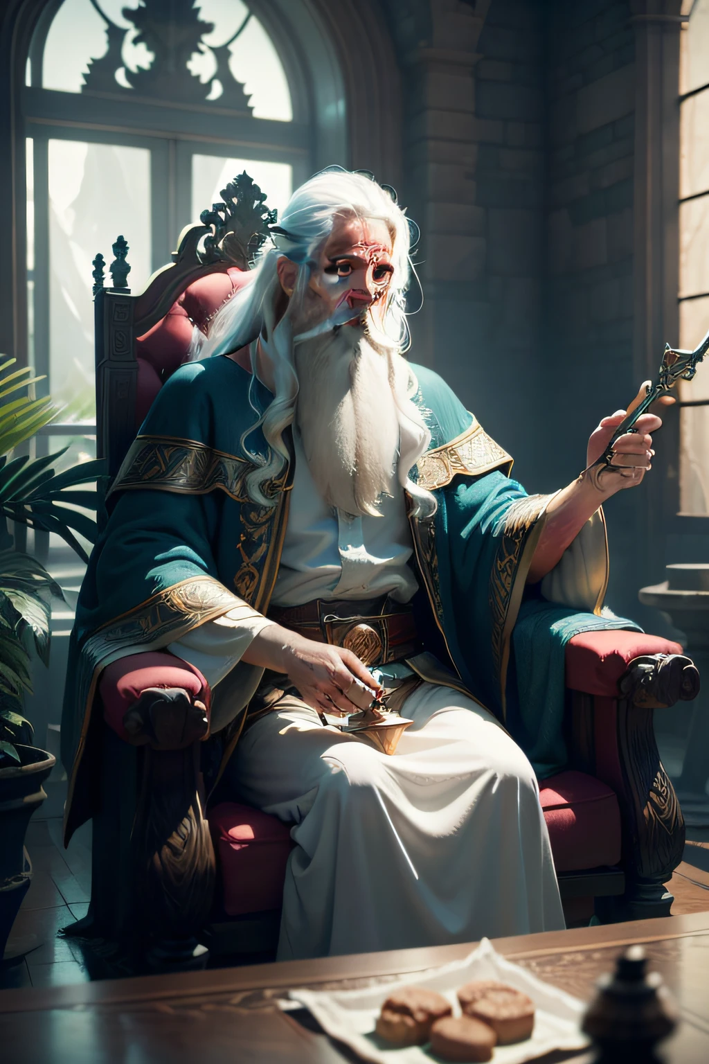 King of Water, He has long white hair and a white beard, Holds a short scepter in his left hand,Holding a decorative cup in his right hand, sat in his throne, Set at sea. Dolphins jump behind. trending on artstationh. fantasy, magical, mistic, See the immortals, Ethereal, Sublime atmosphere, Dreamlike, insanely detailed and intricate, Matte painting, Dramatic lighting, 70mm lense, Detail Love, Good quality, rendering by octane, Unreal Engine 5, Photorealistic, epic look at your scene, Biblical Cinematic Universe.Tilt Blur, shutter speed.