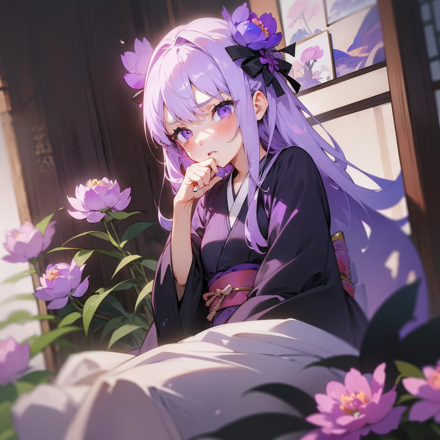 （Beautifully Aesthetic:1.2)、(1girl in:1.3)、(White and purple hair:1.2)、irate、wrath、natta、Black and purple kimono、peony flower、Peony flowers bloom profusely、shed tears、Top image quality、Landscape painting、A black、The Darkness、