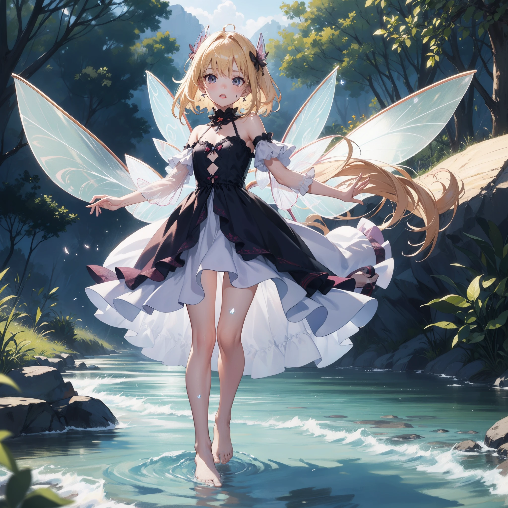 dynamic angle,full body shot,low shot,BRAKE action:1.6,chibi:1,6,(Transparent fairy wings:1.6),very cute female :1.8,8 yo,1 bird,blue hear:1.5,Playing by the river:1.5,Barefoot,Sweat,BRAKE Summer,day,Flat breasts,BRAKE (4K), (Raw photo: 1.2), (Realism: 1.4), (masutepiece: 1.3), (exquisite detailing: 1.2), Delicate and beautiful details, (Eye Detail), (Facial Detailed), (Highest Quality) :1.4), (Hyper-Resolution: 1.2),  (very detailed illustration), Best Quality,depth of fields, Wide light, natural shadows