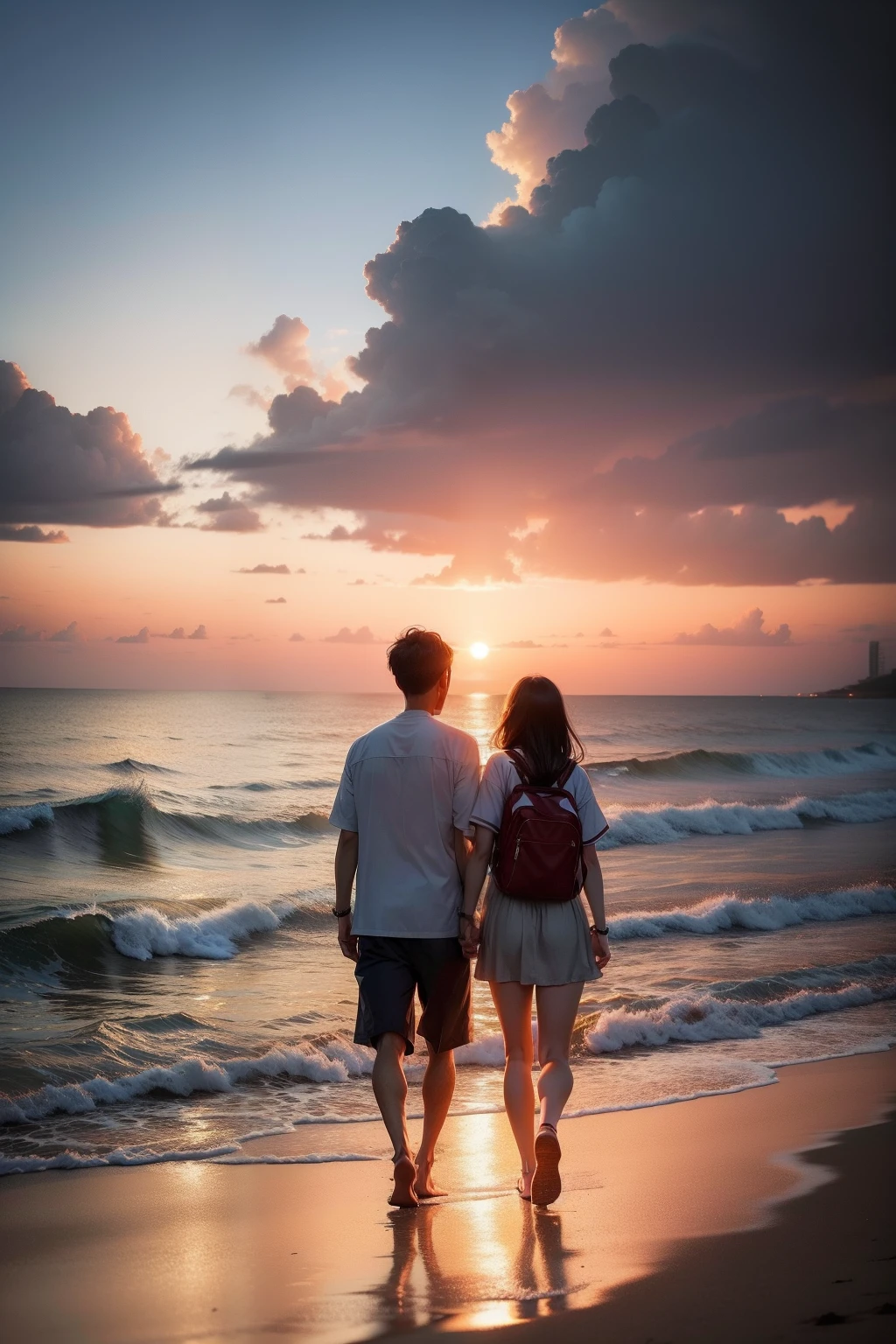 Beautiful sea、sunset、Okinawa、20-year-old girlfriend、Walking from afar