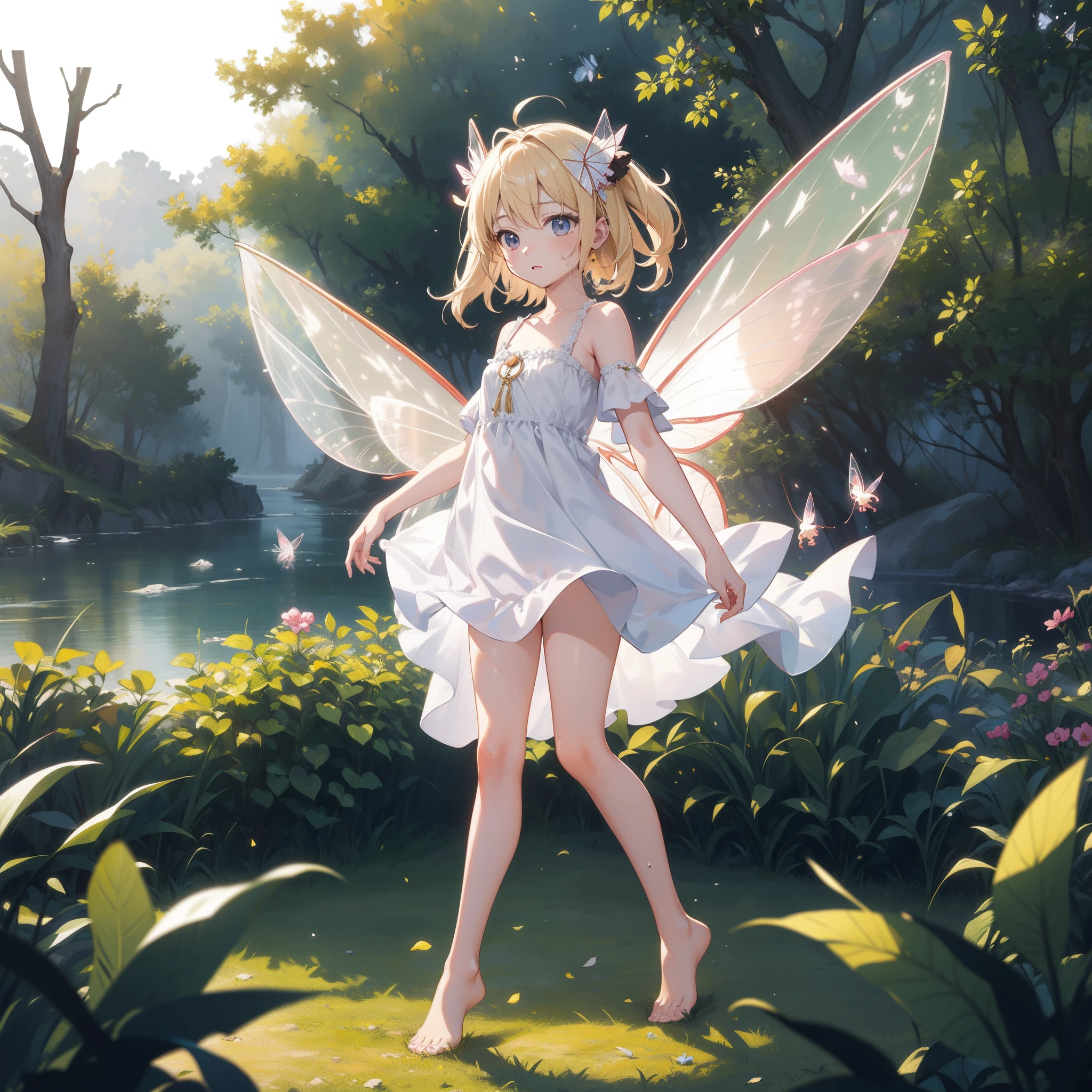 dynamic angle,full body shot,low shot,BRAKE action:1.6,chibi:1,8,(Transparent fairy wings:1.6),very cute female child:1.8,8 yo,1 bird,blue hear:1.5,Playing by the river:1.5,Barefoot,Sweat,BRAKE Summer,day,Flat breasts,BRAKE (4K), (Raw photo: 1.2), (Realism: 1.4), (masutepiece: 1.3), (exquisite detailing: 1.2), Delicate and beautiful details, (Eye Detail), (Facial Detailed), (Highest Quality) :1.4), (Hyper-Resolution: 1.2), (very detailed illustration), Best Quality,depth of fields, Wide light, natural shadows