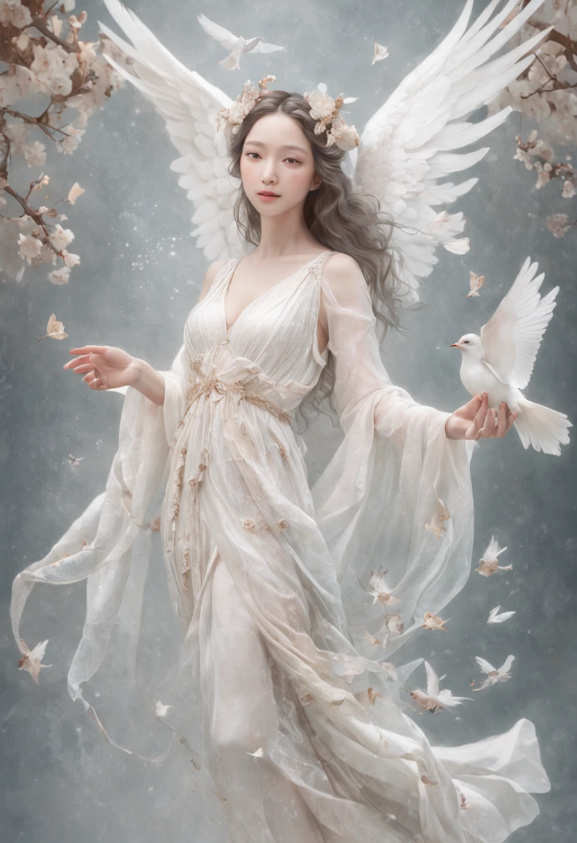 a drawing,The painting depicts a woman with white wings and a dove, Full body like,inspired by Miho Hirano, watercolor detailed art, author:Mary Angel, inspired by Naoko Takeuchi, inspired by Marie Angel, Alphonse mucha and rossdraws, ethereal fairytale, Inspired by Rebecca Gay, trending on artstration, watercolor colored painting, Watercolor illustration style, goddess of love and peace, mysterious, club, Nigo, Gopro view, Textured, High contrast, Game icon, Bohemian colors, McBrin, X-ray illumination, Super detailed, photorealistic materials, Interior design, V-Ray rendering, 4K,Full body like,