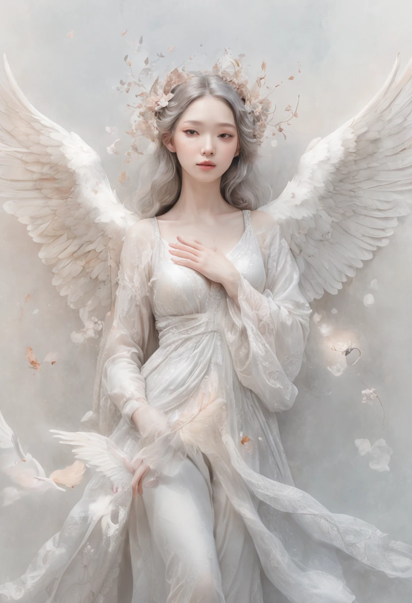 a drawing，The painting depicts a woman with white wings and a dove, Full body like，inspired by Miho Hirano, watercolor detailed art, author：Mary Angel, inspired by Naoko Takeuchi, inspired by Marie Angel, Alphonse mucha and rossdraws, ethereal fairytale, Inspired by Rebecca Gay, trending on artstration, watercolor colored painting, Watercolor illustration style, goddess of love and peace, mysterious, club, Nigo, Gopro view, Textured, High contrast, Game icon, Bohemian colors, McBrin, X-ray illumination, Super detailed, photorealistic materials, Interior design, V-Ray rendering, 4K，Full body like，