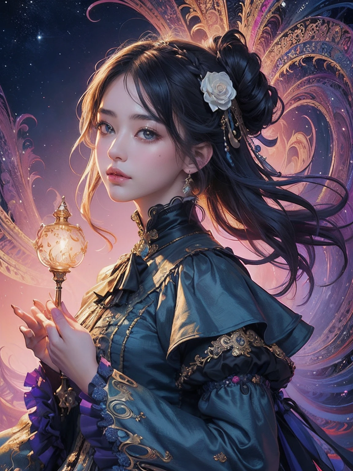 (tmasterpiece、top-quality、top-quality、Detailed and complex、offcial art、aestheticly pleasing:1.3)、(1girl in:1.3)、(Fractal art:1.3)、extremely colorful、Vivid、Victorian costumes