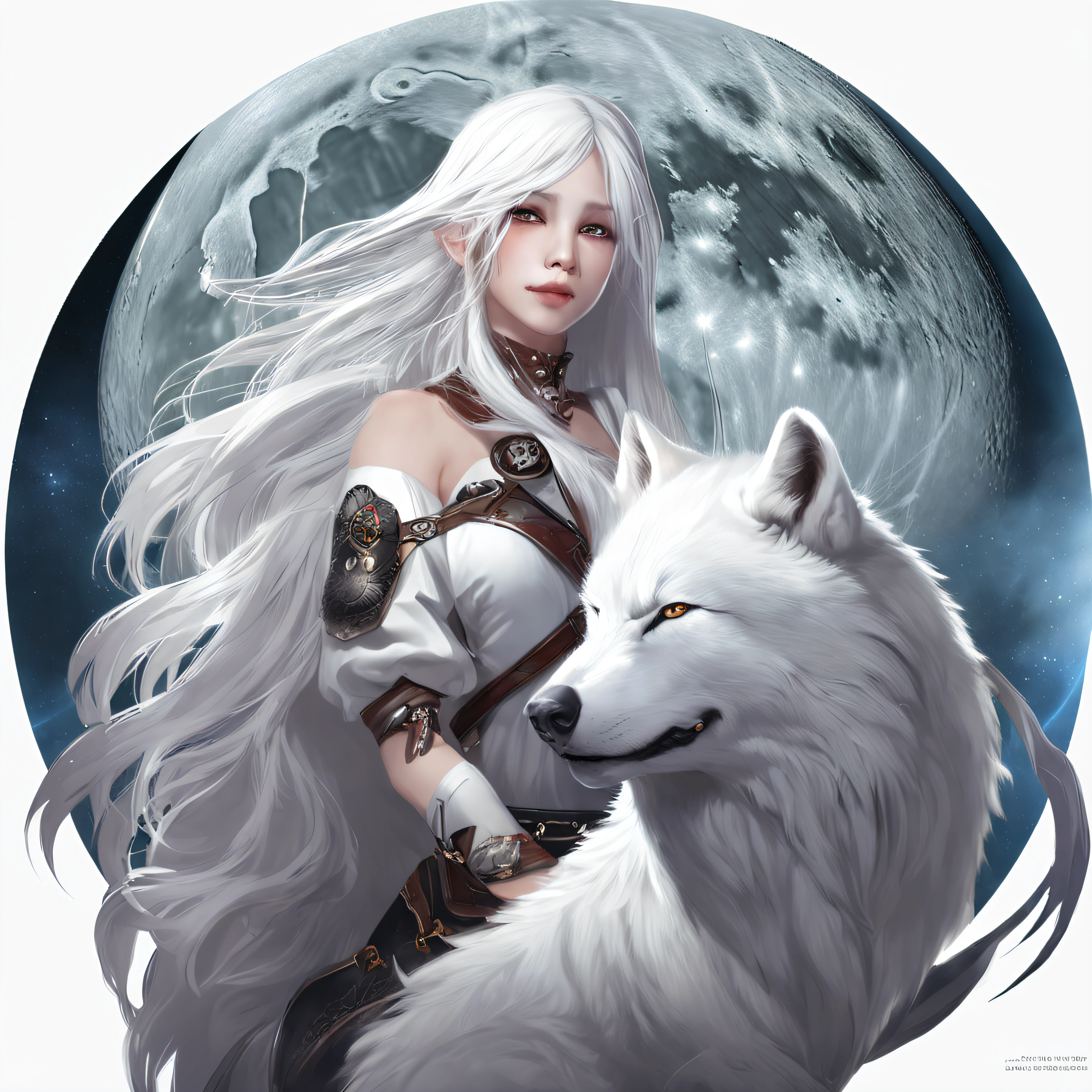 Anime character with white hair and white wolf before the full moon, by Yang J, fantasy fox love, White-haired fox, white fox anime, Anime fantasy illustration, White fox, art of silverfox,Best quality, Masterpiece, 超高分辨率, (photograph realistic:1.4), ultra-realistic realism, Dream-like,fusionart, Shadowdancer, shadow magic, darkness control, stealth, shadowstep, umbral spells,