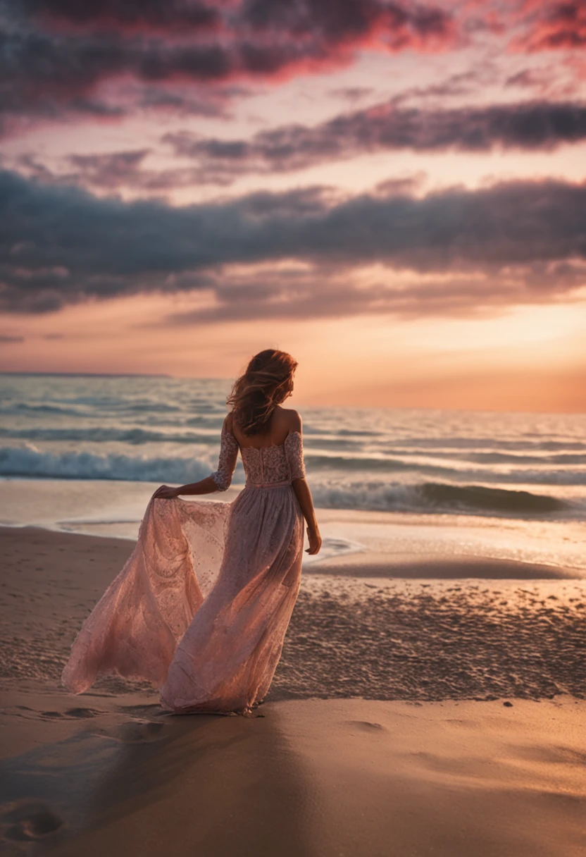 Slender girl in lace dress on the seashore facing the camera behind the sunset