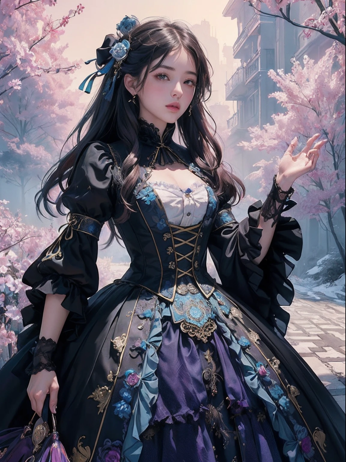 (tmasterpiece、top-quality、top-quality、Detailed and complex、offcial art、aestheticly pleasing:1.3)、(1girl in:1.3)、(Fractal art:1.3)、extremely colorful、Vivid、Victorian costumes