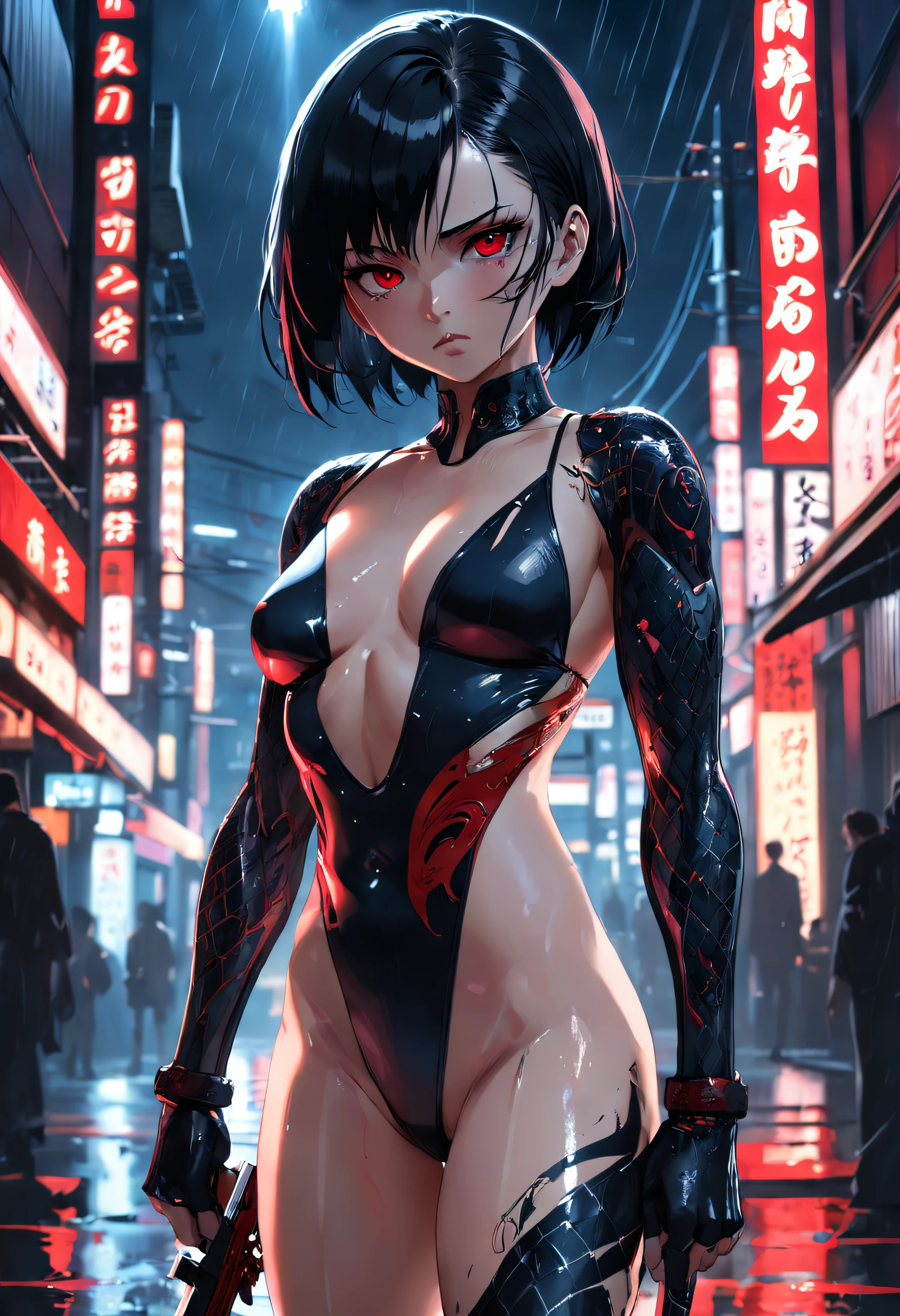 Japan yakuza gangster girl with gymnast leotard, Black hair, Red Eyes, Bare legs, Use the blade of the sword, facial scar, Stylish, nffsw, Intricate details, hyperdetails, Cinematic, Rim Light, dangerous atmosphere, Noir, Night, Cyberpunk Lighting, on tokyo street, Rain