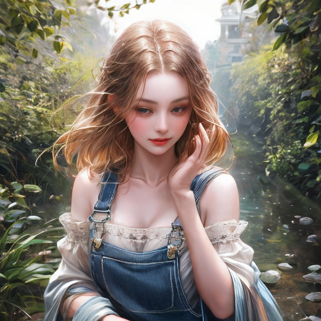 (absurderes、Hi-Res、ultra-detailliert)、1girl in、独奏、barroco、a necklace、elegent、colourfull、highestdetailed、The upper part of the body、plein air、garden、best qualtiy, Hyper High Detail, Cinematic lighting，From  above ,Modern， Full body like，refined face，kawaii faces，Skin reflection，25 years old female，slimfigure，A slender,cropped shoulders，Outside,((Woman in overalls)),