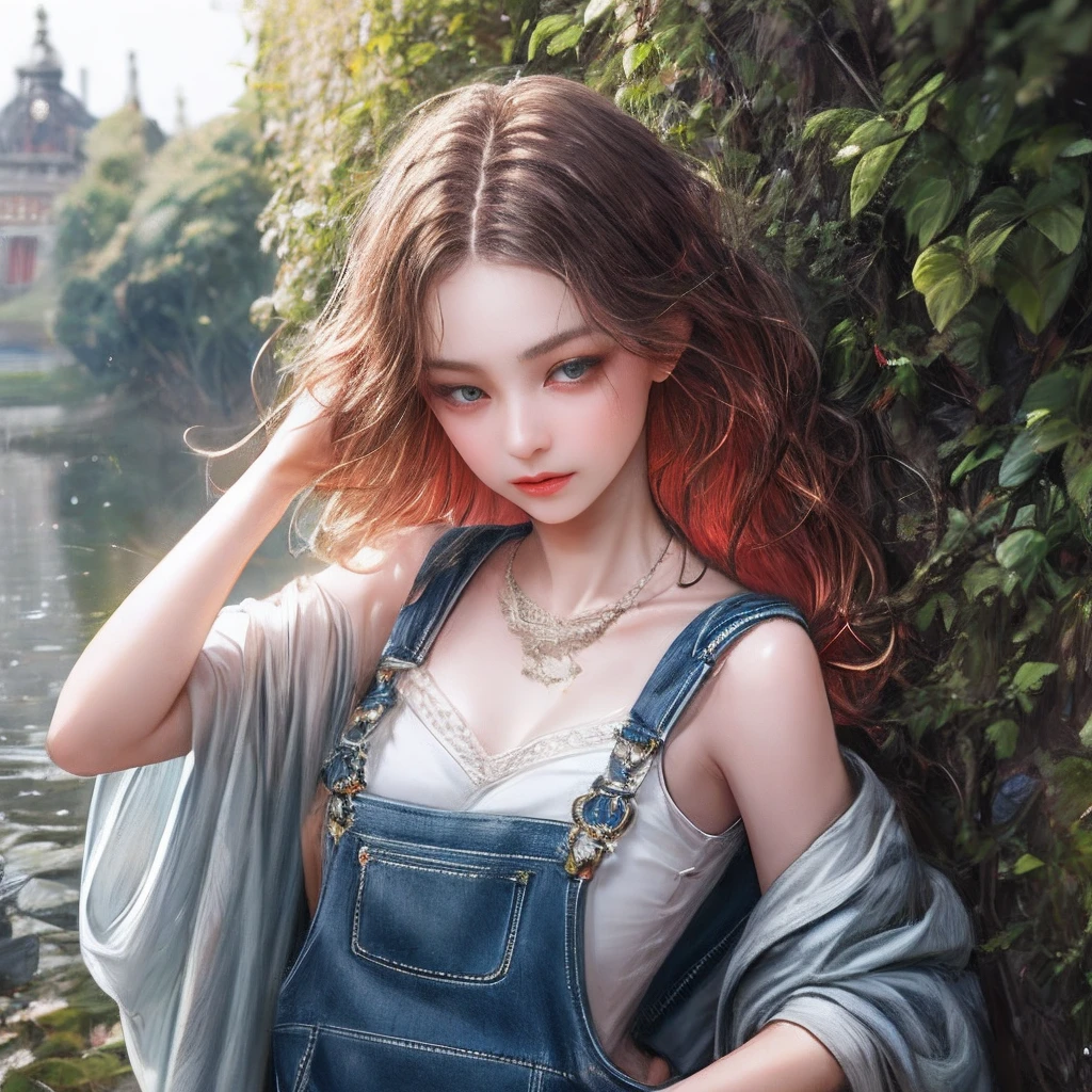 (absurderes、Hi-Res、ultra-detailliert)、1girl in、独奏、barroco、a necklace、elegent、colourfull、highestdetailed、The upper part of the body、plein air、garden、best qualtiy, Hyper High Detail, Cinematic lighting，From  above ,Modern， Full body like，refined face，kawaii faces，Skin reflection，25 years old female，slimfigure，A slender,cropped shoulders，Outside,((Woman in overalls)),