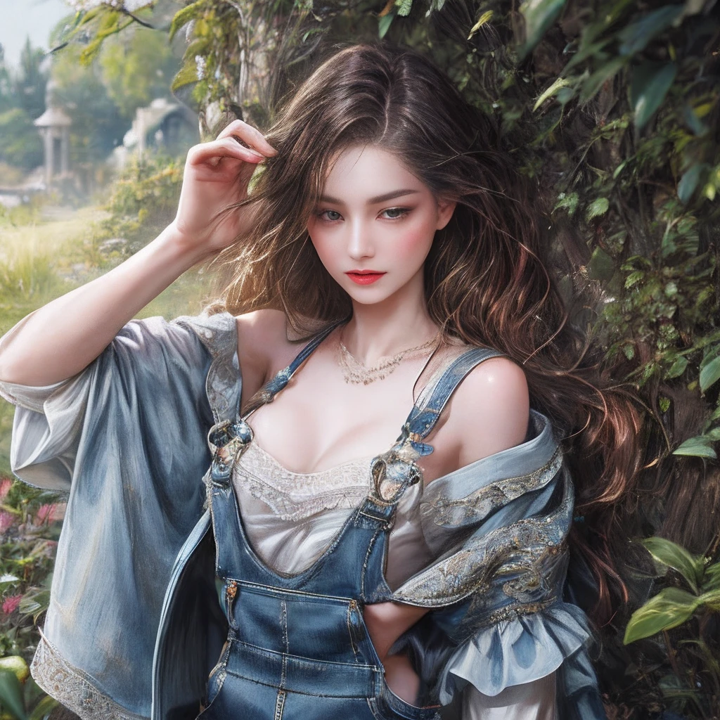 (absurderes、Hi-Res、ultra-detailliert)、1girl in、独奏、barroco、a necklace、elegent、colourfull、highestdetailed、The upper part of the body、plein air、garden、best qualtiy, Hyper High Detail, Cinematic lighting,From above ,Modern, Full body like,refined face,kawaii faces,Skin reflection,25 years old female,slimfigure,A slender,cropped shoulders,Outside,((Woman in overalls)),
