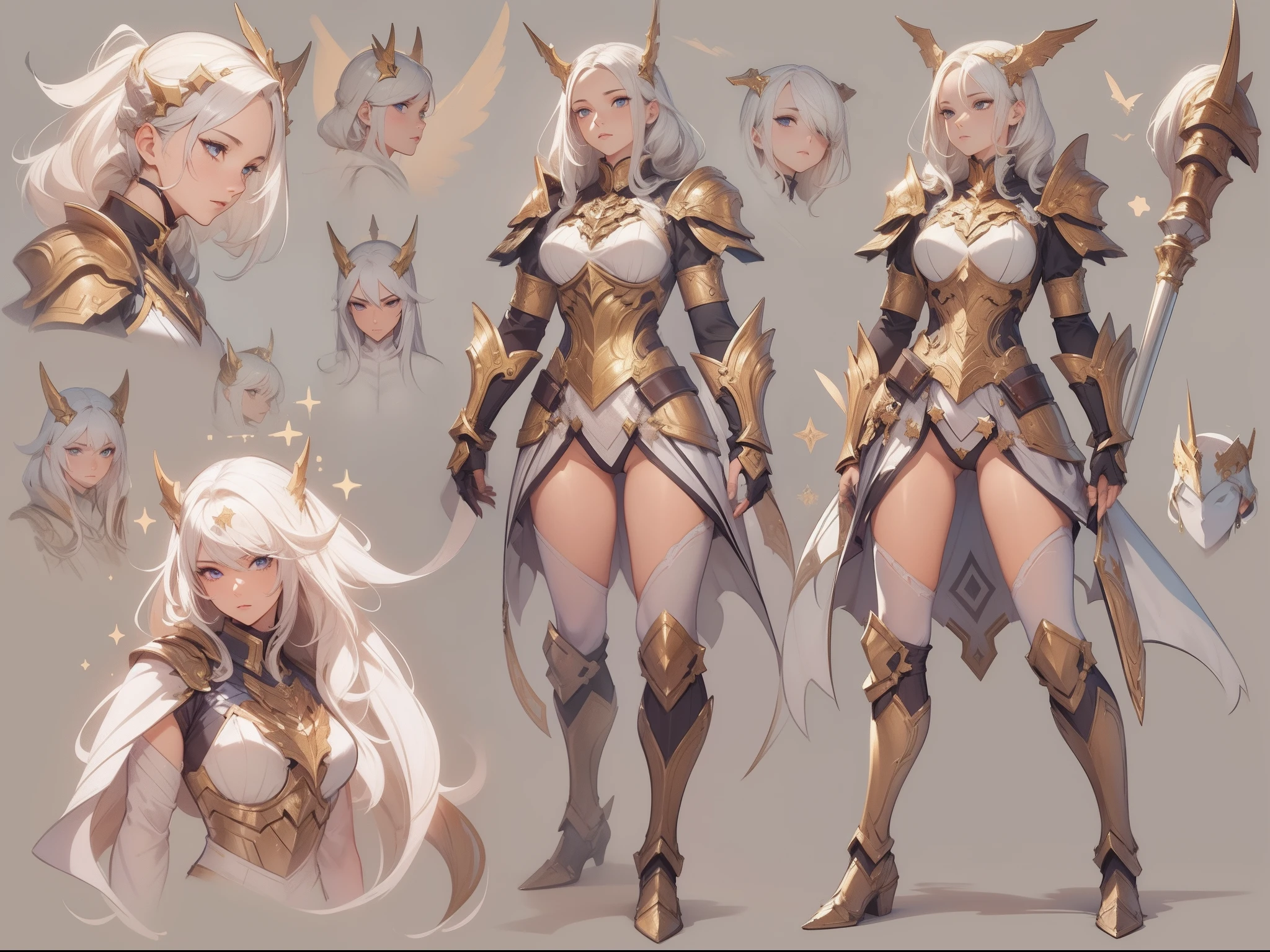 ((Masterpiece, Highest quality)), Detailed face, CharacterDesignSheet， full bodyesbian, Full of details, Multiple poses and expressions, Highly detailed, Depth, Many parts，Beautiful paladin fox girl，Armor，High Balance, Natural light, Star decoration