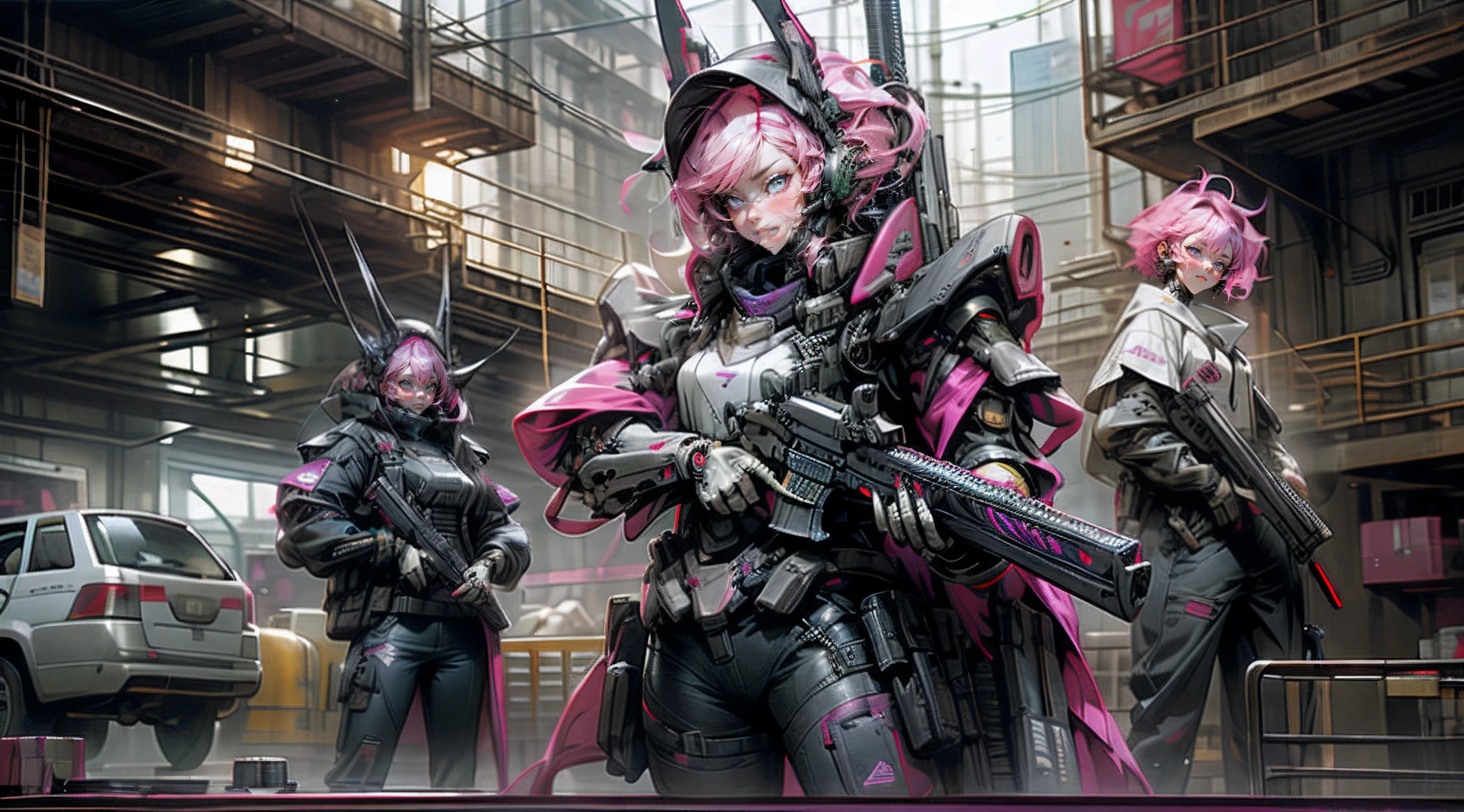 This is a hyper-detail、High resolution and high quality CG Unity 8k wallpaper，The style is cyberpunk，Three-person tactical squad，Mainly black purple。After taking pictures, The look of short hair，Beautiful girl with messy pink hair appears，s delicate face，The eyes are equipped with high-precision infrared battlefield scanning mirrors，The woman held a heavy rifle in her hand，They wear mecha exoskeletons，Exquisite details