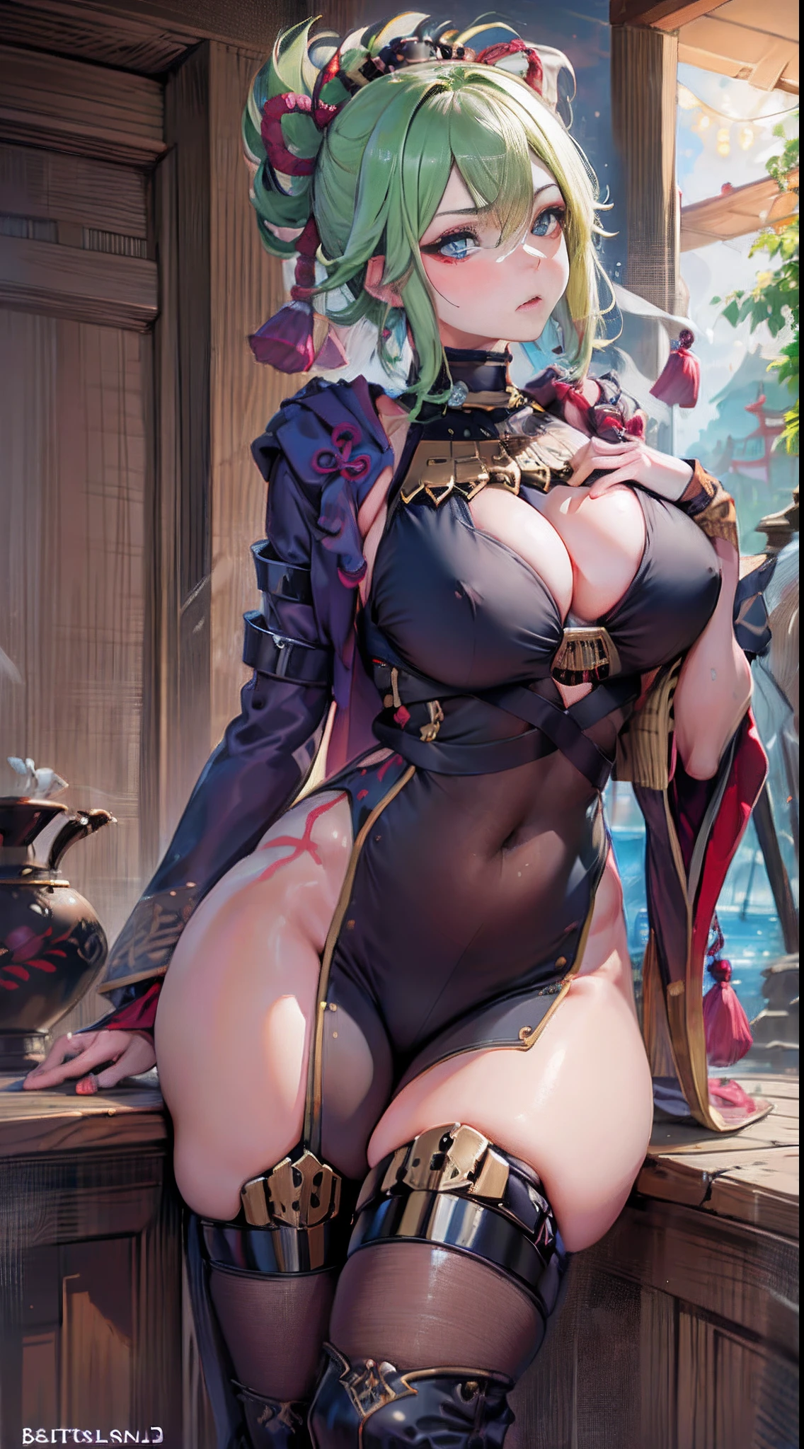 (NSTDA.:1.2), (10, beste-Qualit, master-piece: 1.4), ultra-high resolution, (lifelike, photorealistic portrait: 1.48), 30 years old, A Beautiful Girl, Tall, gigantic breasts, Famous Japanese actors, Blue Eyes, Head tilt, cowboy shot, viewer look., Disgusted eyes, Sliced thinly., Beautiful lake,  Zeiss 150mm F/ 2.8 Hasselblad, In Japanese shrines, Whole body, foot, Ultra-Wide Angle