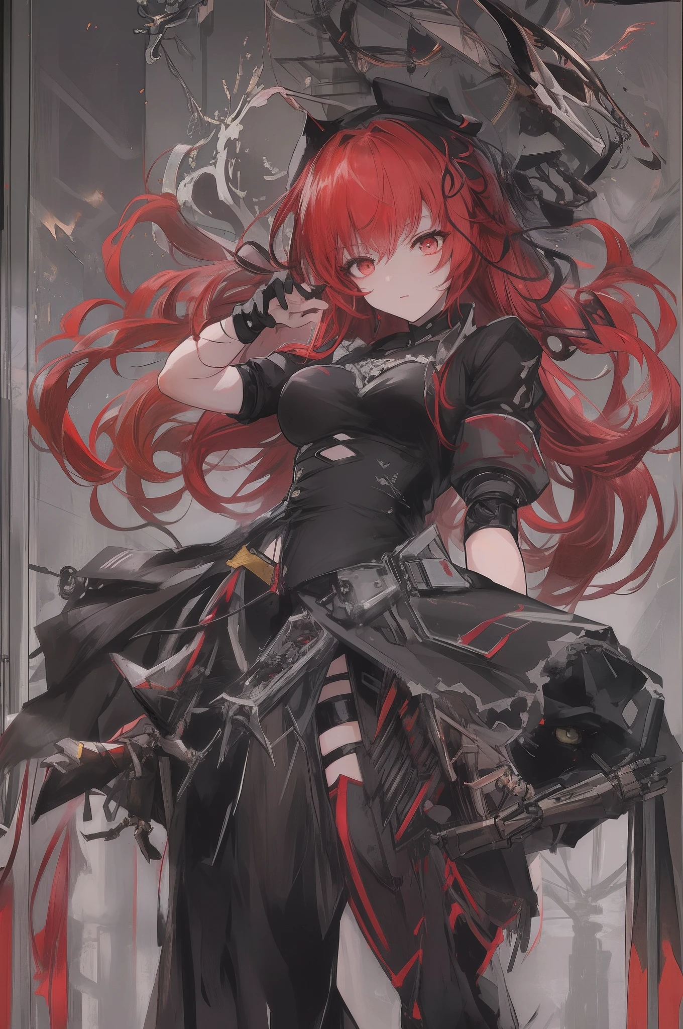 Anime girl with red hair and black dress in glass case, Rias Gremory, Gothic Maiden anime girl, Trending on ArtStation pixiv, anime girl wearing a black dress, mechanized witch girl, from arknights, biomechanical oppai, wearing techwear and armor, guweiz on pixiv artstation, broken beautiful female android!