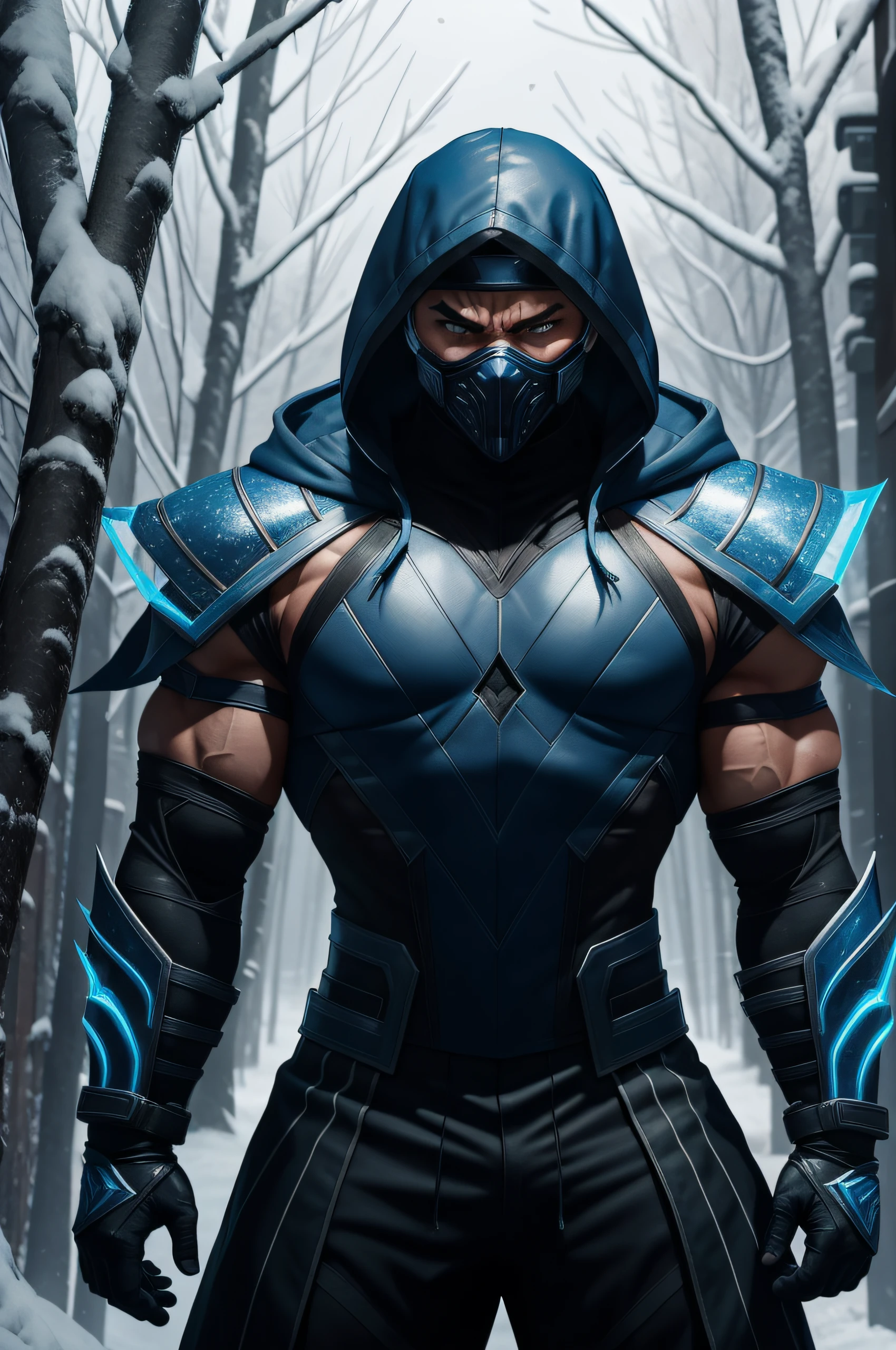 Cyber Sub-Zero is a character in the game Mortal Kombat, Cyber Sub-Zero, Mortal Kombat, in combat construction, Preparing to strike, Ice background, Frozen trees in the background, muscled body, (athletic:1.07), Deft, ninja, in full height, hight resolution, higly detailed, Hi-Def, 8K, RAW photo, Best Quality, Masterpiece