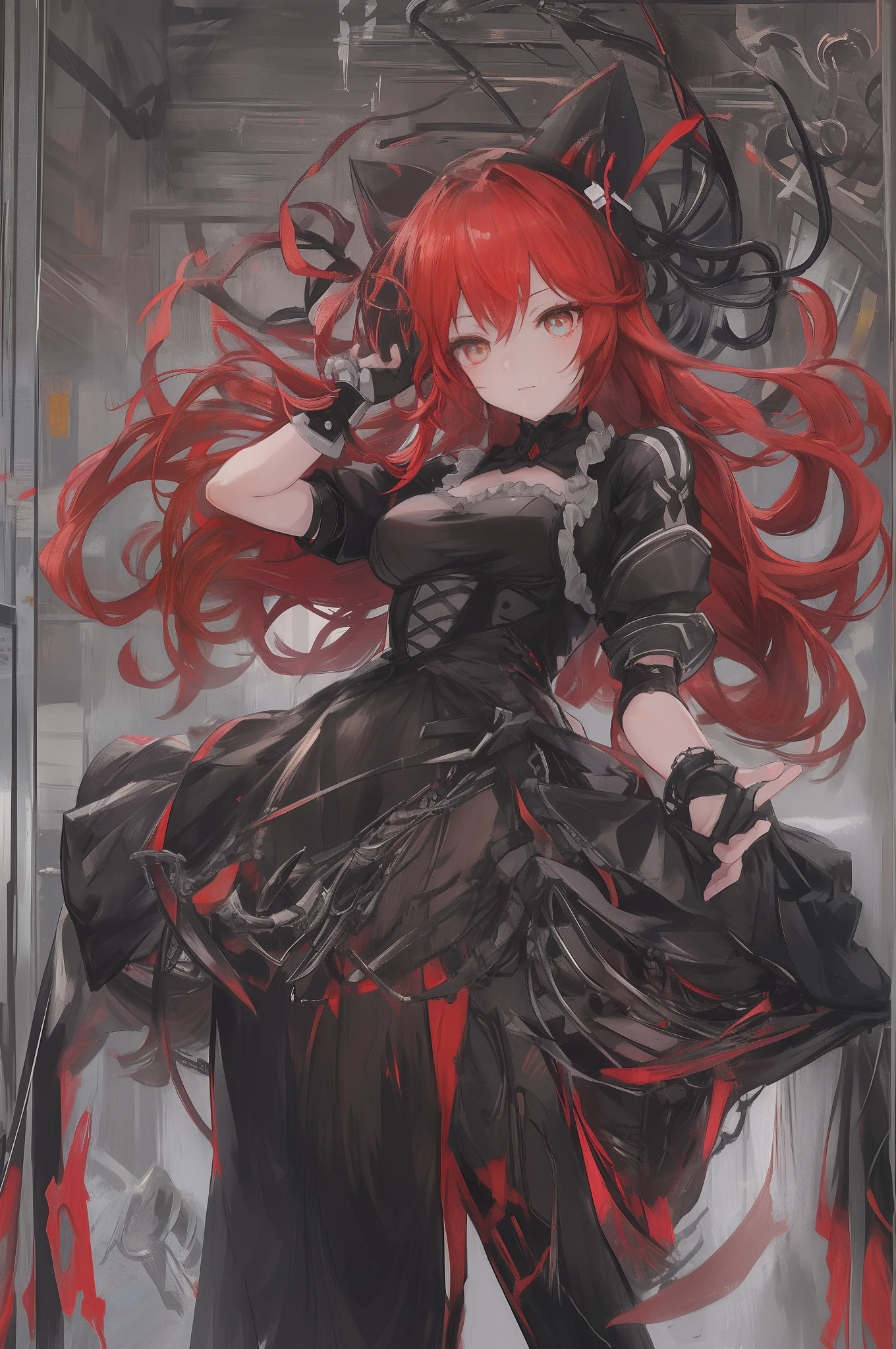 Anime girl with red hair and black dress in glass case, Rias Gremory, Gothic Maiden anime girl, Trending on ArtStation pixiv, anime girl wearing a black dress, mechanized witch girl, from arknights, biomechanical oppai, wearing techwear and armor, guweiz on pixiv artstation, broken beautiful female android!