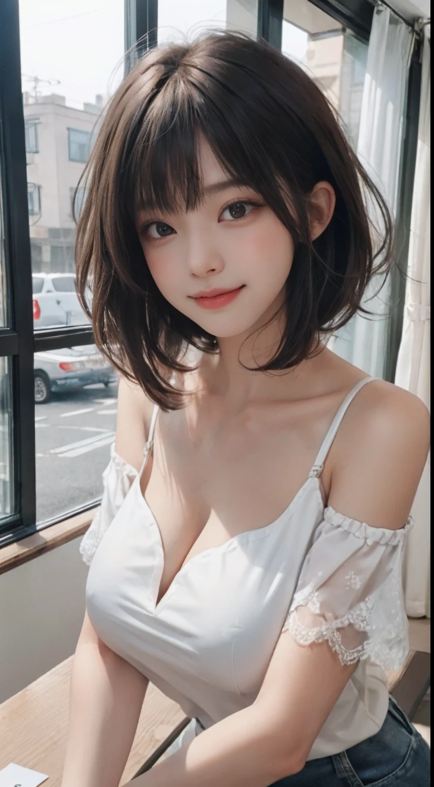 tmasterpiece,top-quality,超高分辨率,(photograph of-realistic:1.4),((1个Giant Breast Girl,Fair skin:1.4,Look up at the viewer,19years old,prette,adolable,brunette color hair,Bob_cut,cabelo curto com franja)),A girl with a perfect figure,Sheer lace top,cowboy lens,Coffee on the table,The large,Pubic hair shows through,(ssmile,cheerfulness,cheerfulness,cheerful big breasts,Keep one's mouth shut),(Huge breasts),High detail eyes,long necks,(((cabelo curto com franja)))),eyeslashes,largeeyes,(((is very beautiful,is very beautiful)),(((Natural soft light,Prick your ears,staring at the audience,seduce to viewer,Highlight the eyes)))),the lora:GirlfriendMix 2:1