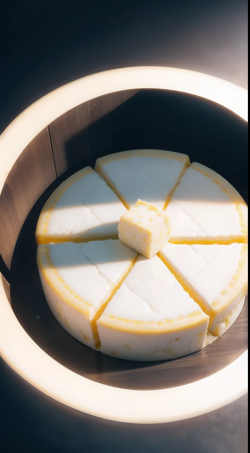 Close-up of a round of cheese, Illuminated by a single spotlight on the side.