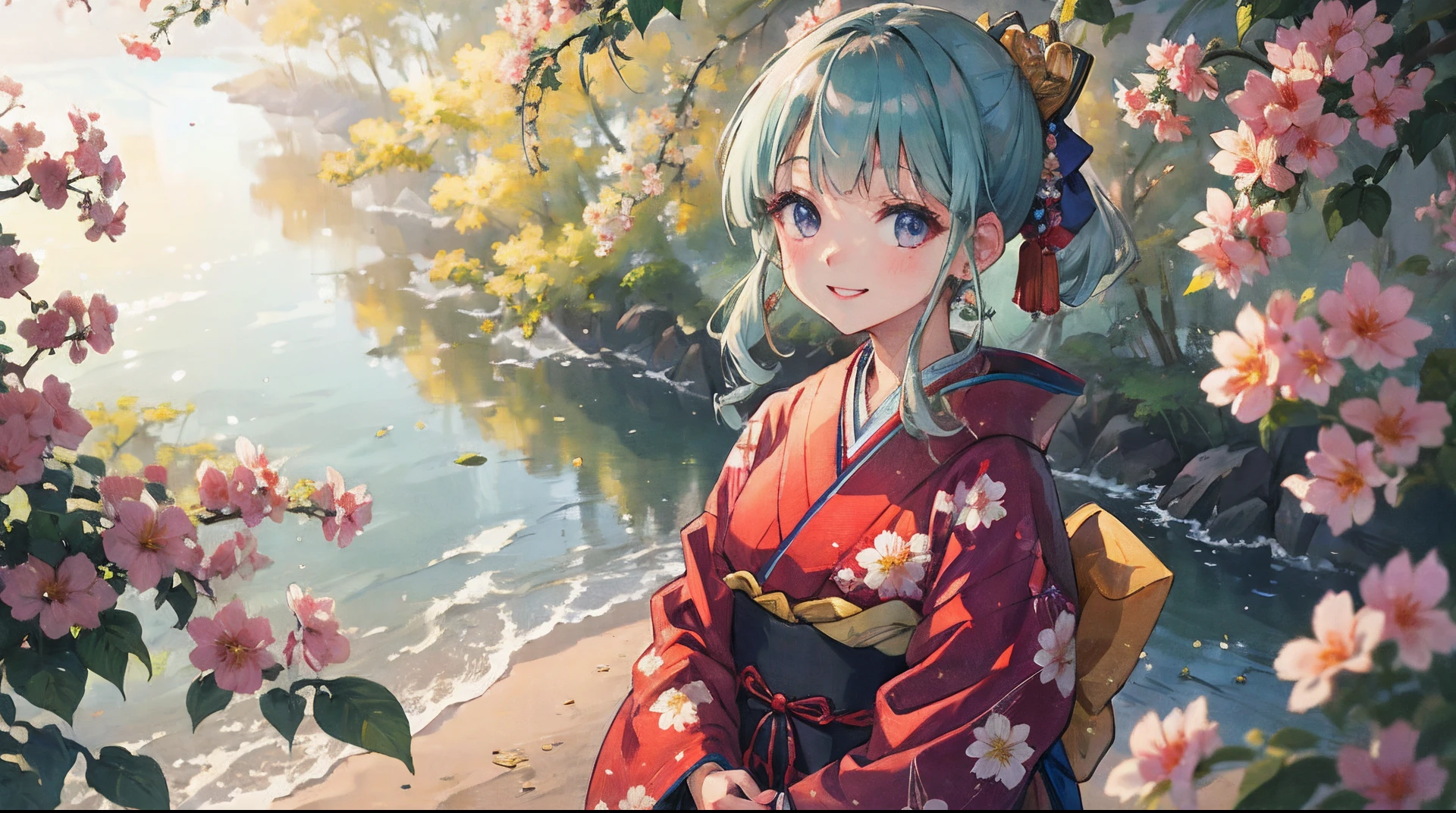 masterpiece, highres, best quality, 1girl solo, kamisato_ayaka, smile, kimono