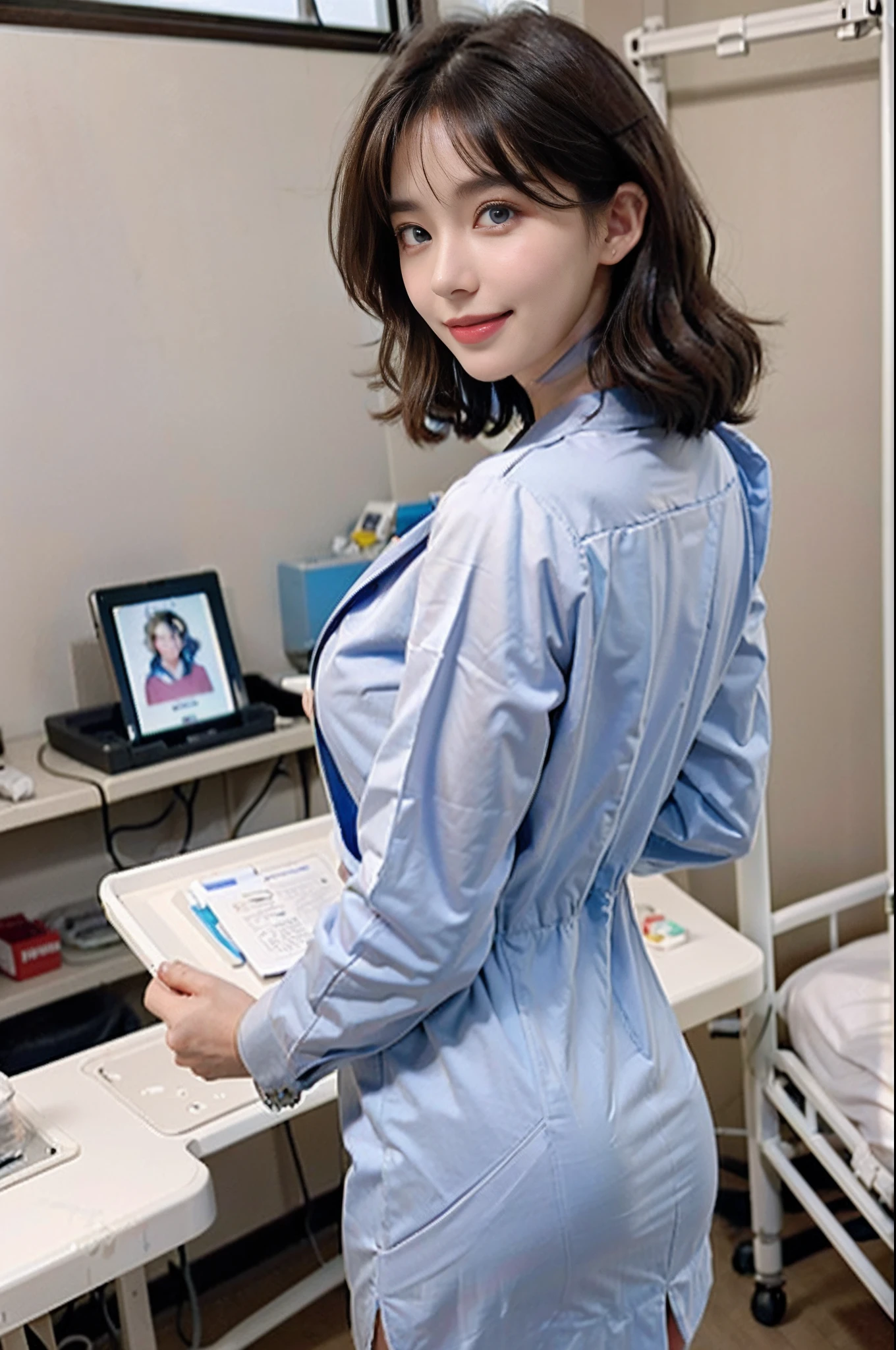 (top-quality、8K、32K、tmasterpiece、NFFSW、The is very detailed、Impresionismo、Photorealsitic:1.2)、cow boy shot (hospitals、sickroom:1.4)、deep shading、beauitful face、20-year-old beauty、shiny skins, Beautiful wavy brunette hair、short-hair、Blue eyes、beauitful face、blurred back、White nurse uniform、Wear mesh pantyhose、A smile、Hold the tray、Naughty smile、curves、dynamicposes、Two girls、