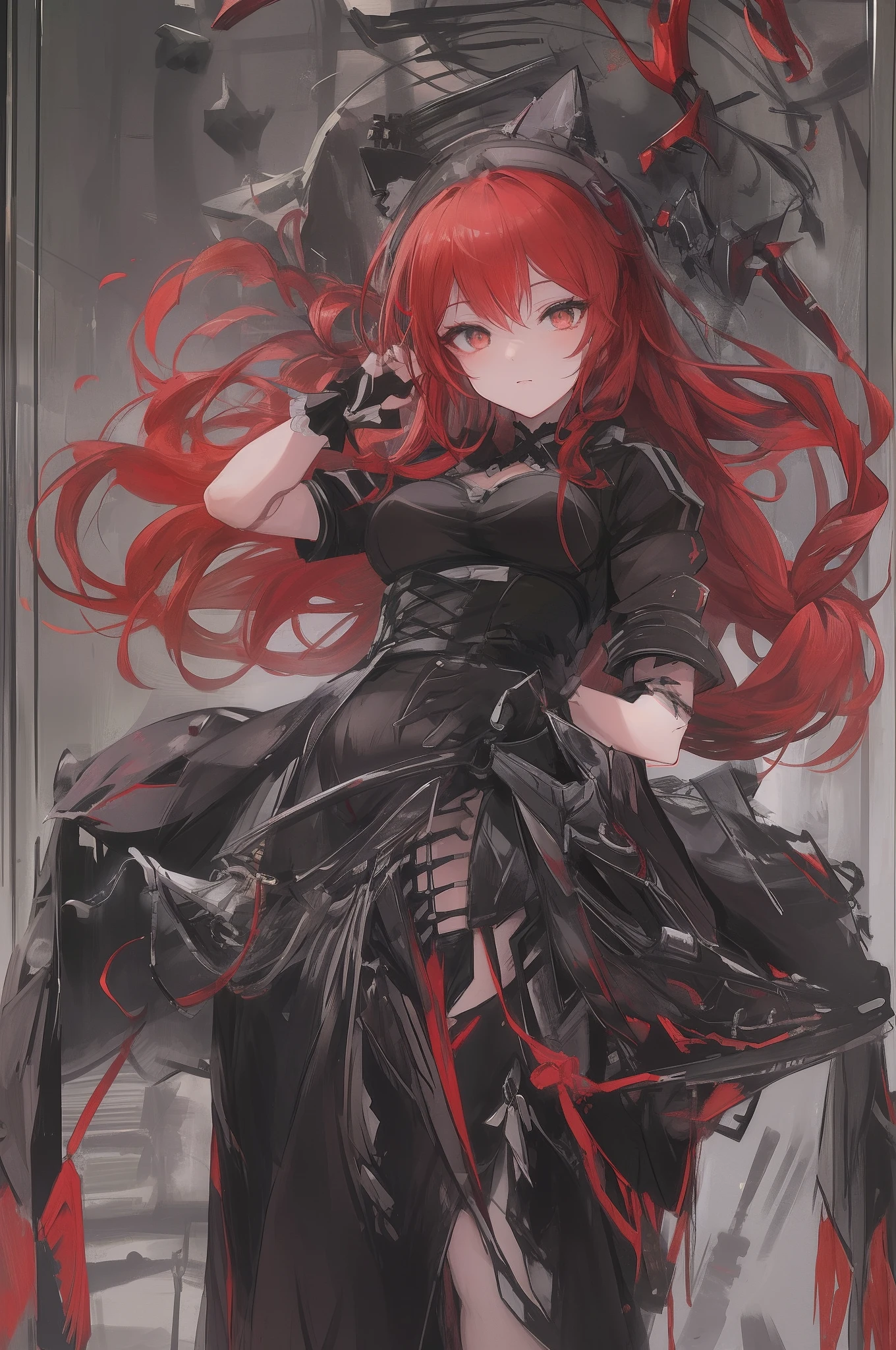 Anime girl with red hair and black dress in glass case, Rias Gremory, Gothic Maiden anime girl, Trending on ArtStation pixiv, anime girl wearing a black dress, mechanized witch girl, from arknights, biomechanical oppai, wearing techwear and armor, guweiz on pixiv artstation, broken beautiful female android!