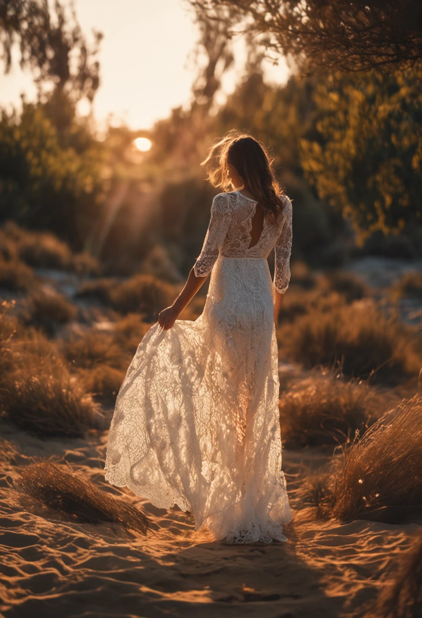 A long, translucent, delicate, see through, transparent dress. Woman’s naked body can be seen through the sheer, translucent gown. Dress looks wet and is see through. Beautiful brunette woman. Breasts and nipples are seen behind the sheer of the dress. Golden hour. Naked.